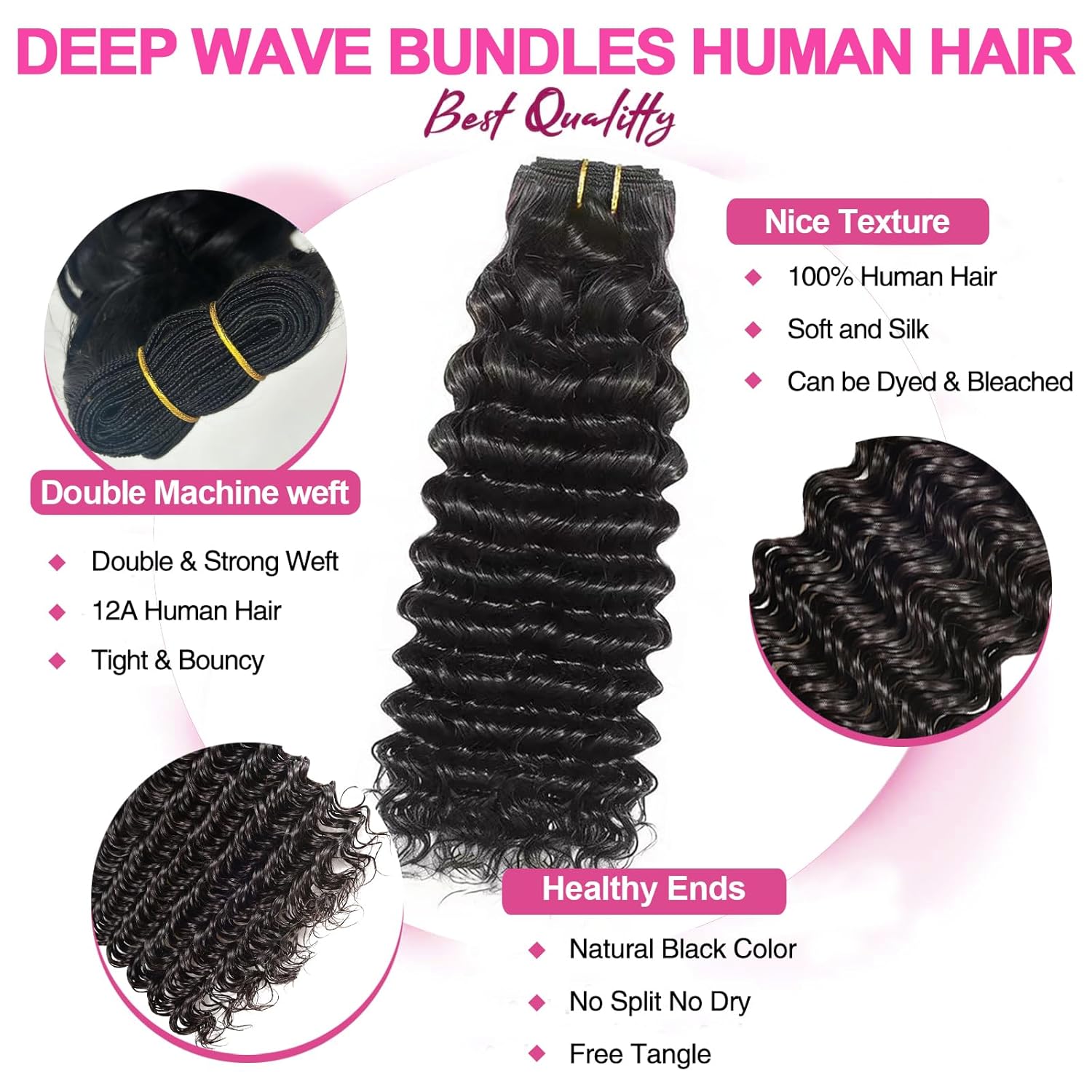 12A Deep Wave Bundles Human Hair Brazilian Remy hair Bundles 100% Unprocessed Virgin Deep Curly 3 Bundles 16 18 20 Inch Human Hair Extensions Quick Weave Natural Color