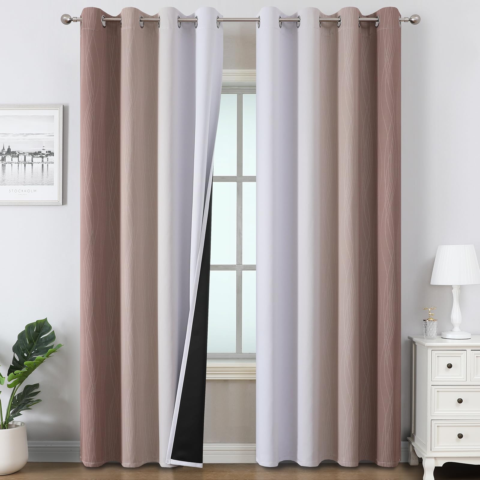 Taupe and Greyish White Ombre Blackout Curtains Living Room 108 Inch Long