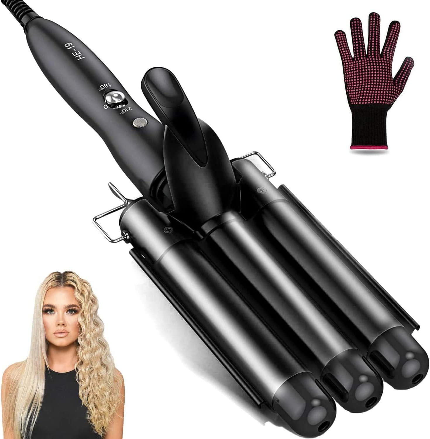 Coidak Hair Waver, 1 Inch 3 Barrel Curling Iron Wand 25Mm Hair Crimper, Temperature Adjustable Heat Up Quickly Beach Waver Curling Iron Black