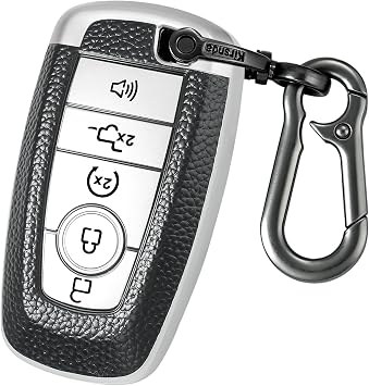 Kirsnda for Ford Key fob Cover,Texture case,with Keychain,Key Shell/Skin,5-Buttons fit 2018-2023 for Edge Explorer Expedition Fusion for Mustang Raptor Remote Key Vehicle Accessories,Silver Texture