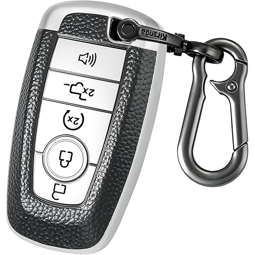 for Ford Key fob Cover,Texture case,with Keychain,Key Shell/Skin,5-Buttons fit 2018-2023 for Edge Explorer Expedition Fusion for Mustang Raptor Remote Key Vehicle Accessories,Silver Texture