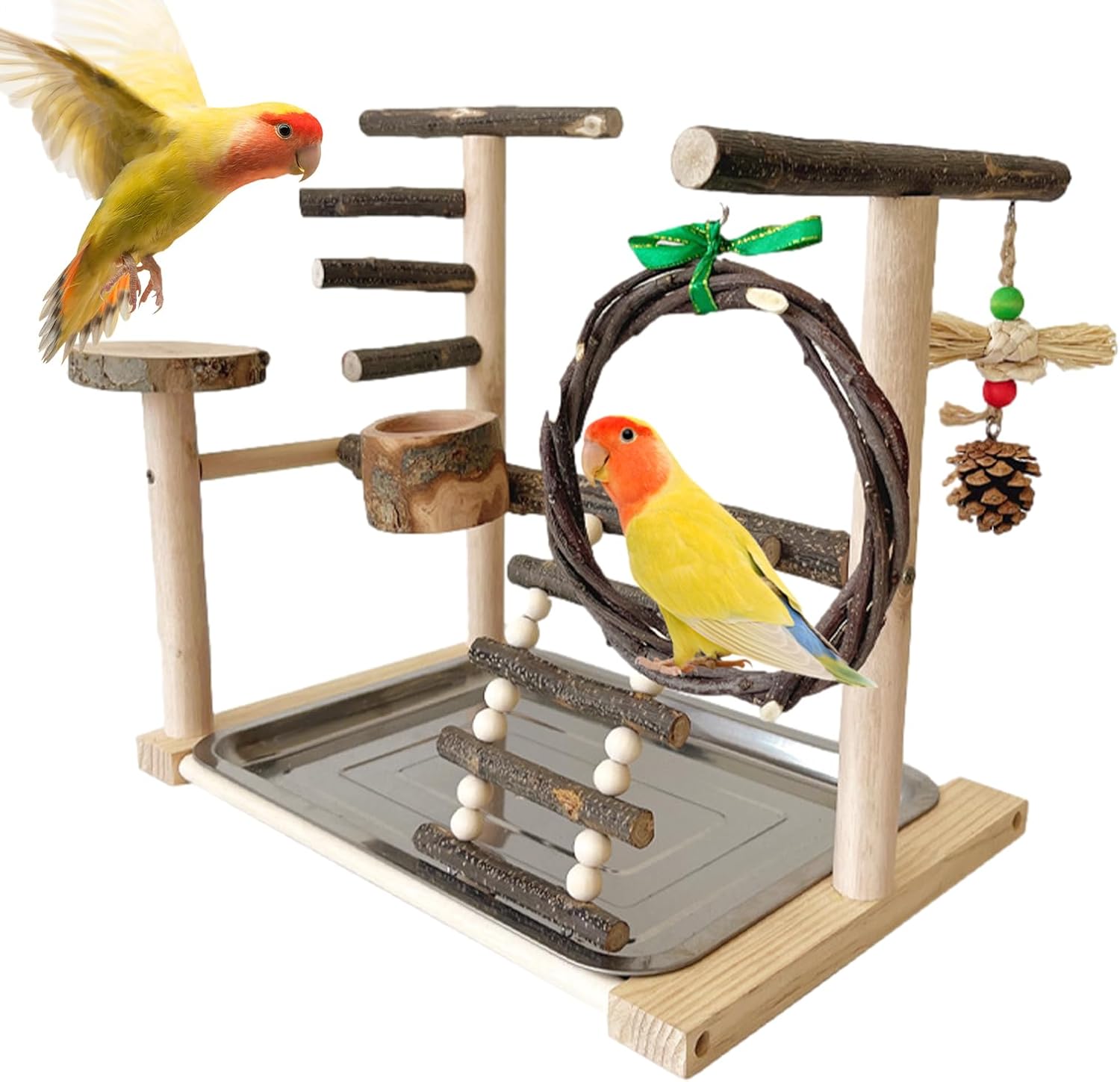 Bird Toys and Perch Stand, Bite-Resistant Parrot Playground, Tabletop Stand with Ladder, Swing, Feeding Cup, Tray for Cockatiels, Budgies, Parakeets