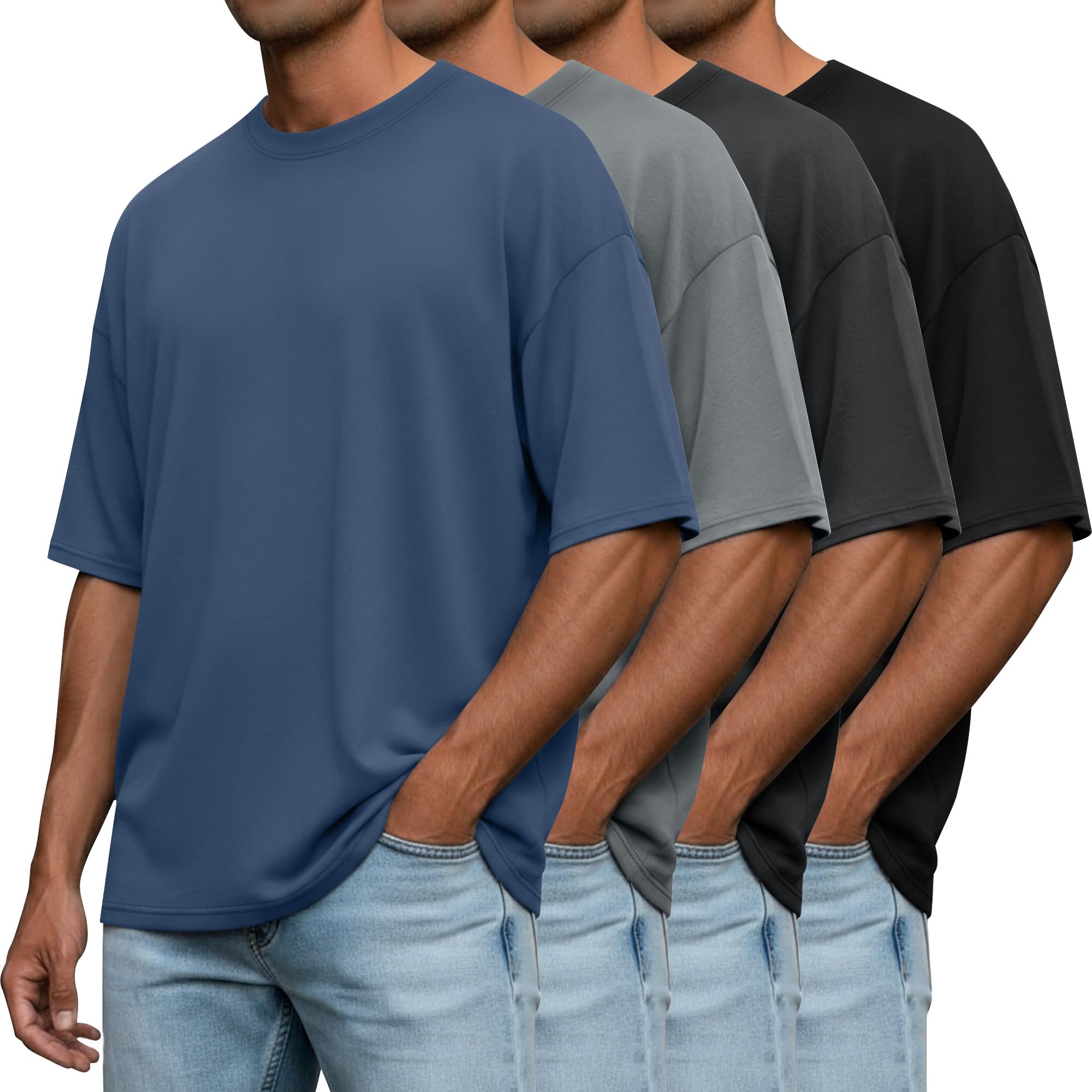 - 4 Pack Men's Oversized T-Shirts Baggy Short Sleeve Crew Neck Basic Tees Tops Casual Summer Loose Fit Streetwear