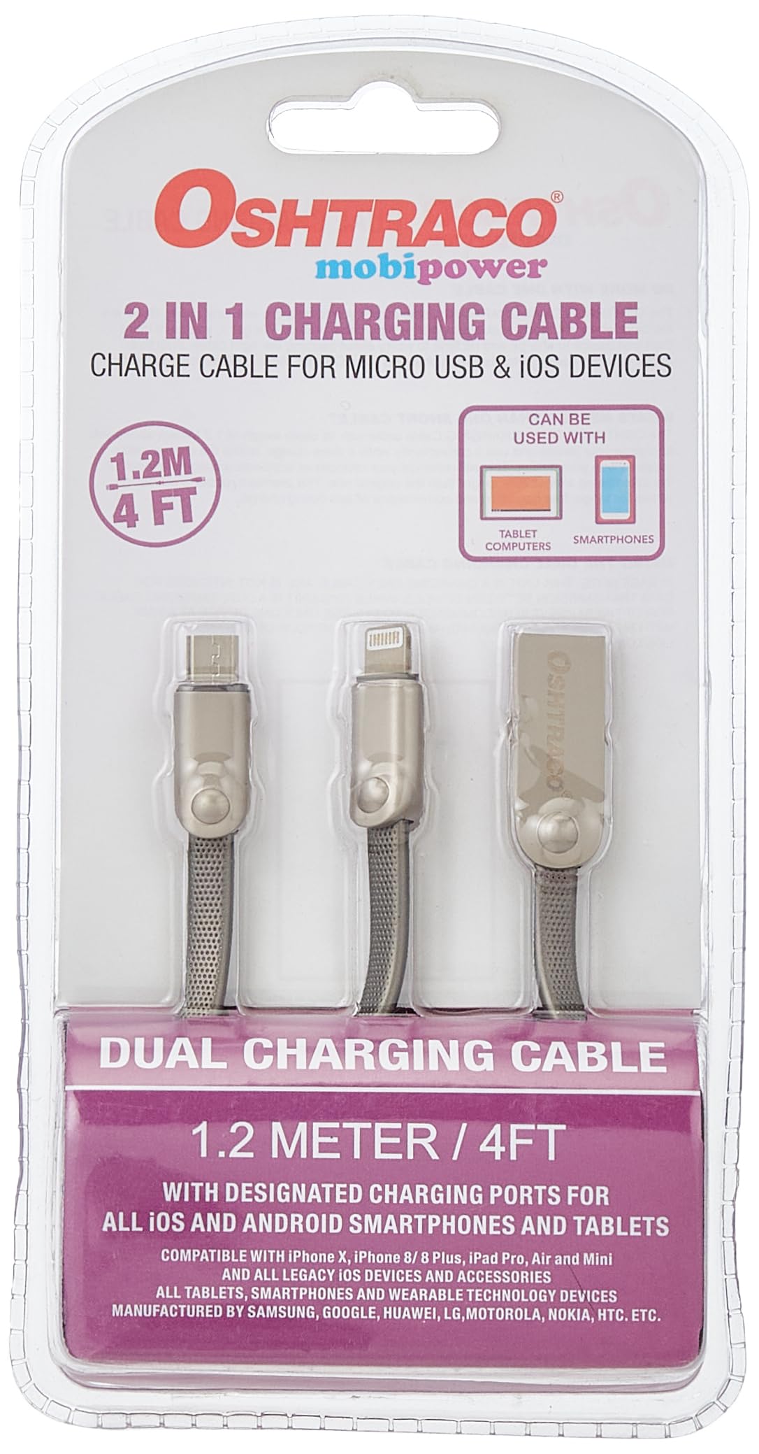 Oshtraco2 in 1 Charging Cable for Micro USB and IOS Smartphone, 1.2 Meter Cable Length, Silver