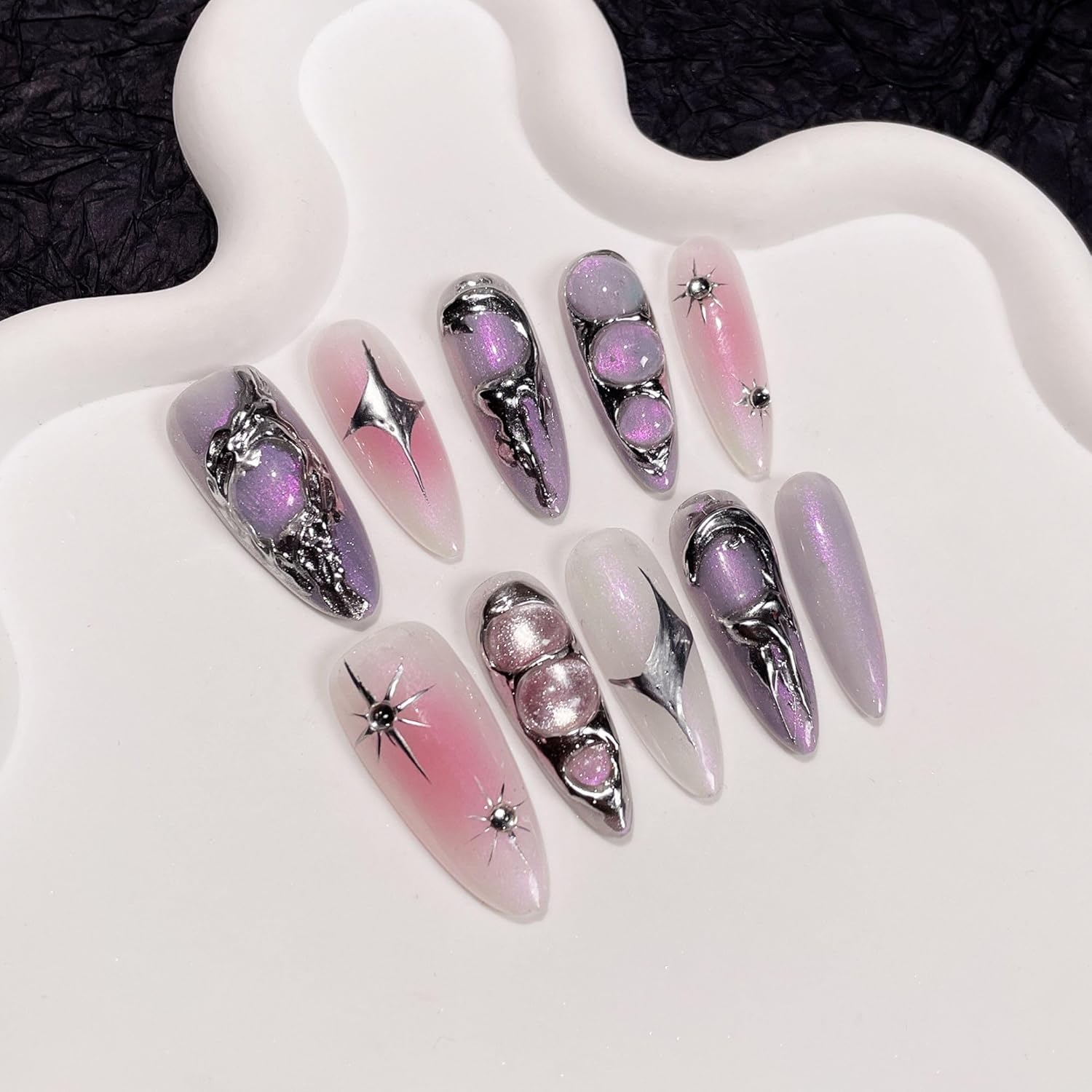 Wsliana Handmade Press On Nails - 3D Charm Y2K Design, Long Almond Shape, 10pcs Glue On Acrylic Fake Nails with Storage Box | Salon Quality | Trendy Nail Kit (074, S)