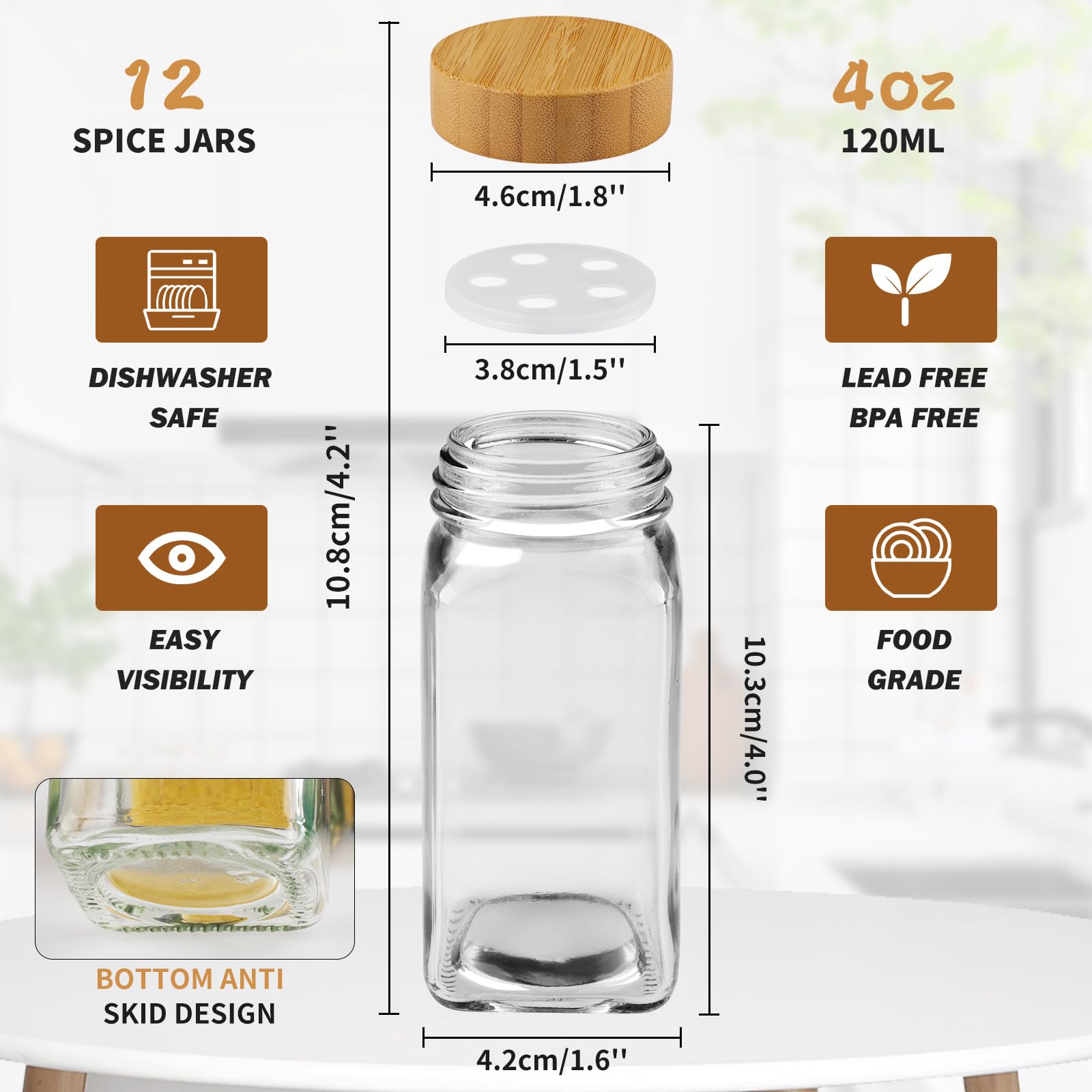 Pot à Épices en Verre et Bois, 12 Pièces Bocaux à Épices 120ml Boite à Épices Verre pour Cuisine Rangement avec Étiquettes Epices Tamis Entonnoir Brosse