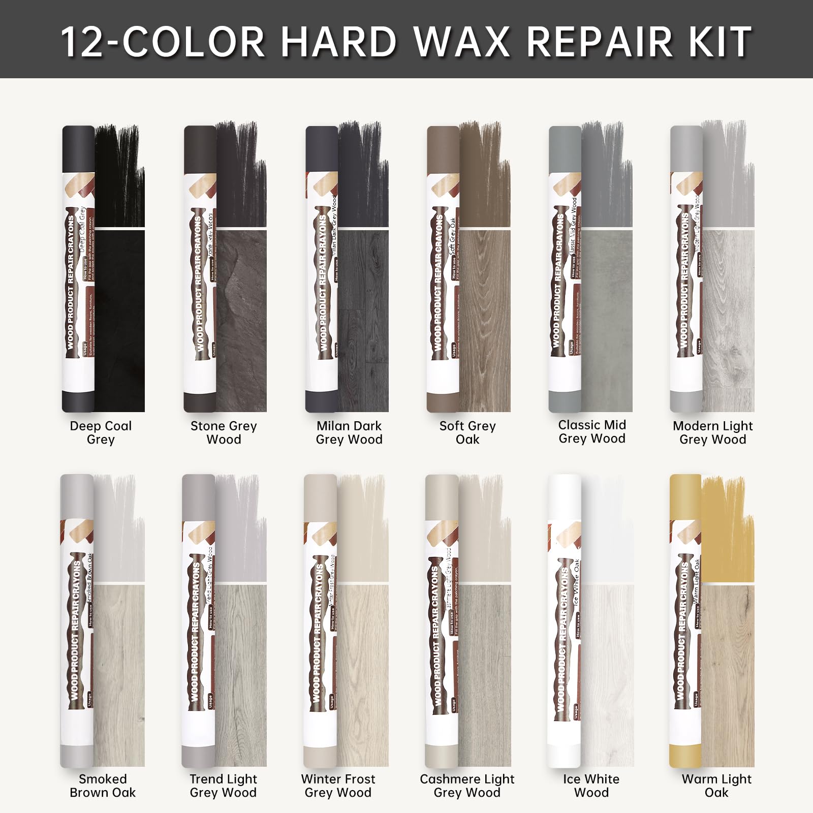 Stucco per Legno 12 Colori Grigio, Stucco per Legno Riempitivo, Cera per Legno, Kit Riparazione Piastrelle, Stucco per Marmo per Fori, Graffi e Crepe su Laminato