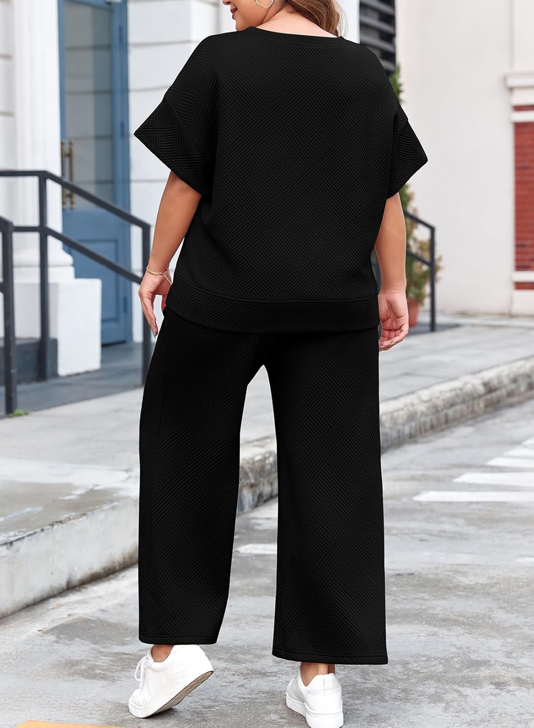 Eytino Womens Plus Size Sweatsuits Casual Short Sleeve Tops High Waist Wide Leg Pants 2 Piece Tracksuit Lounge Sets(1X-5X) - Image 2