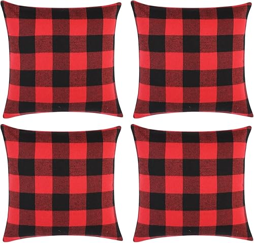Fundas de almohada de Navidad, juego de 4 fundas de almohada a cuadros rojos y negros, 18 x 18 pulgadas, fundas de almohada de algodón decorativas
