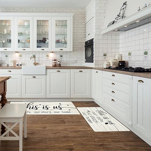 Miniatura 2 de Juego de 2 tapetes de cocina con texto en inglés "This is Us Our Life Our Story Our Home", antifatiga, cómodo, de espuma viscoelástica, tapete