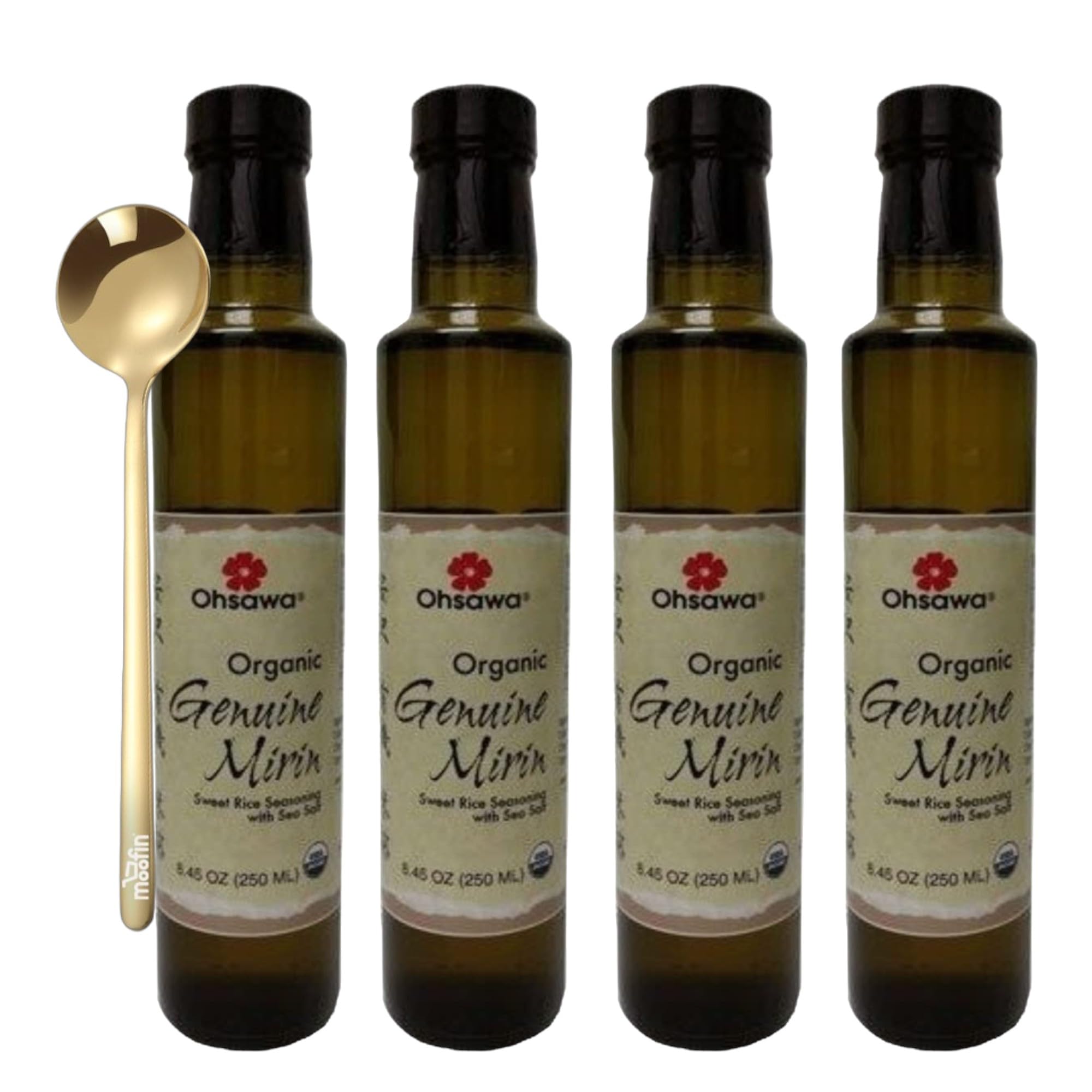 Bundle of Stainless Steel Spoon - 13.5cm - Gold, and Ohsawa Organic Genuine Mirin - 8.45 oz, Pack of 4