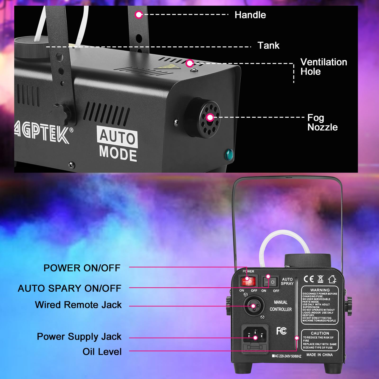 AGPTEK 500W Nebelmaschine, Nebelmaschine mit kabelgebundener Steuerung & automatischer Sprühfunktion, ideal für Halloween, Weihnachten, Hochzeit, Partys, DJ Performance & Bühnenshow