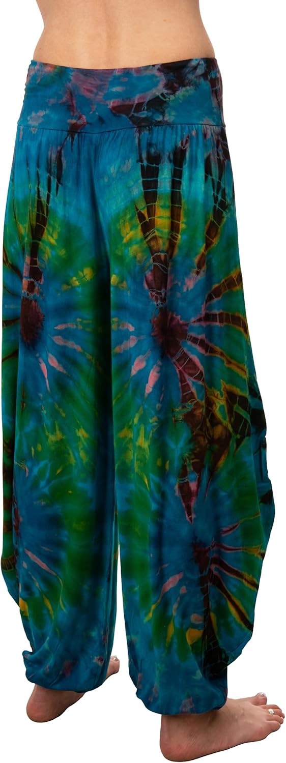Bohemian Tie Dye Harem Pants, Blue Multi-Color, Rayon Spandex Blend, One Size Fits 0-18, High Waist, Elastic Waistband, Slouchy Style, Yoga Lounge Wear