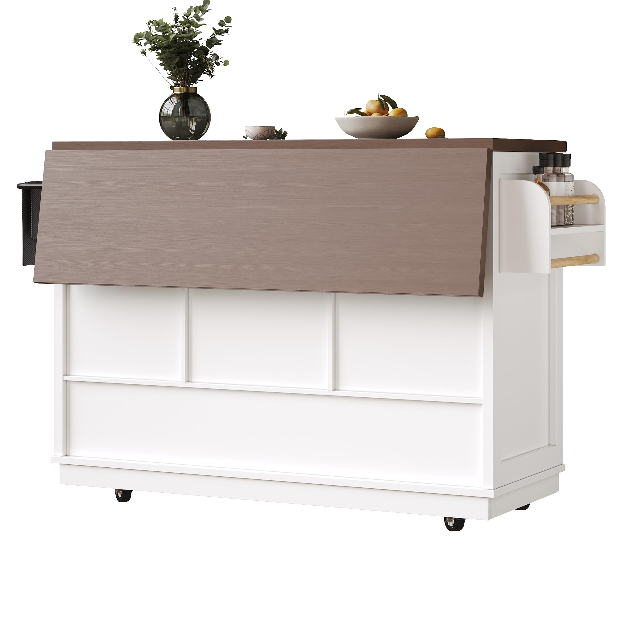 Carrito de cocina multifuncional con mesa plegable, isla de cocina móvil, bar, aparador con espacio de almacenamiento, carrito de servir con tres cajones y dos puertas de armario