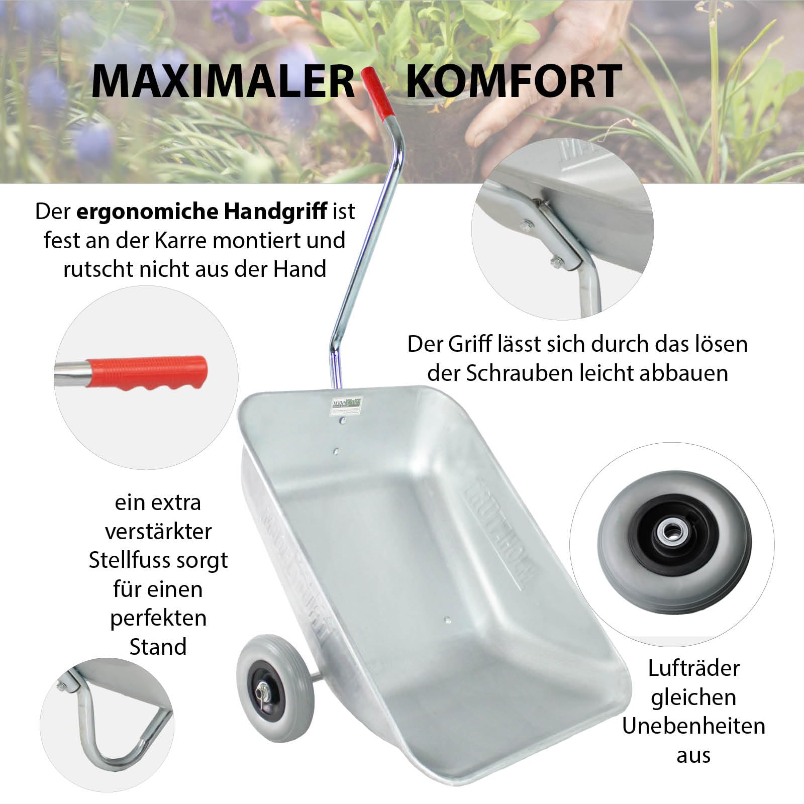 TRUTZHOLM Schubkarre Einhandkarre Friedhofskarre Pflanzkarre Gartenkarre Handwagen Traglast 100 kg mit Vollgummirädern