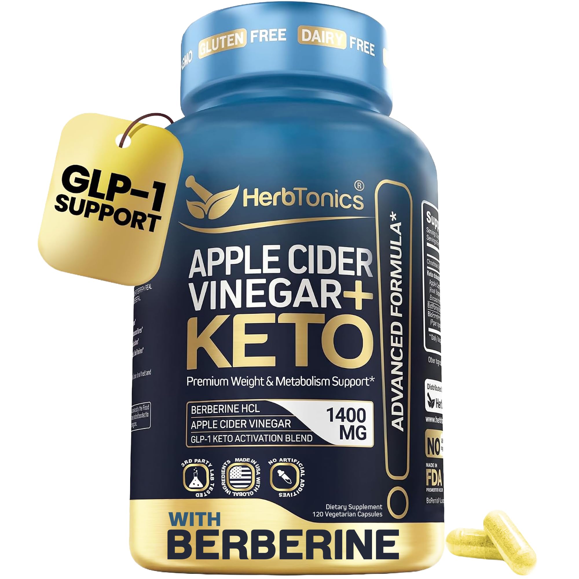 Herbtonics Apple Cider Vinegar + Keto Advanced with Berberine | GLP-1 Support for Appetite, Cravings &amp; Weight Management | Ceylon Cinnamon, Chromium &amp; MCT | 120 Capsules, 2-Month Supply
