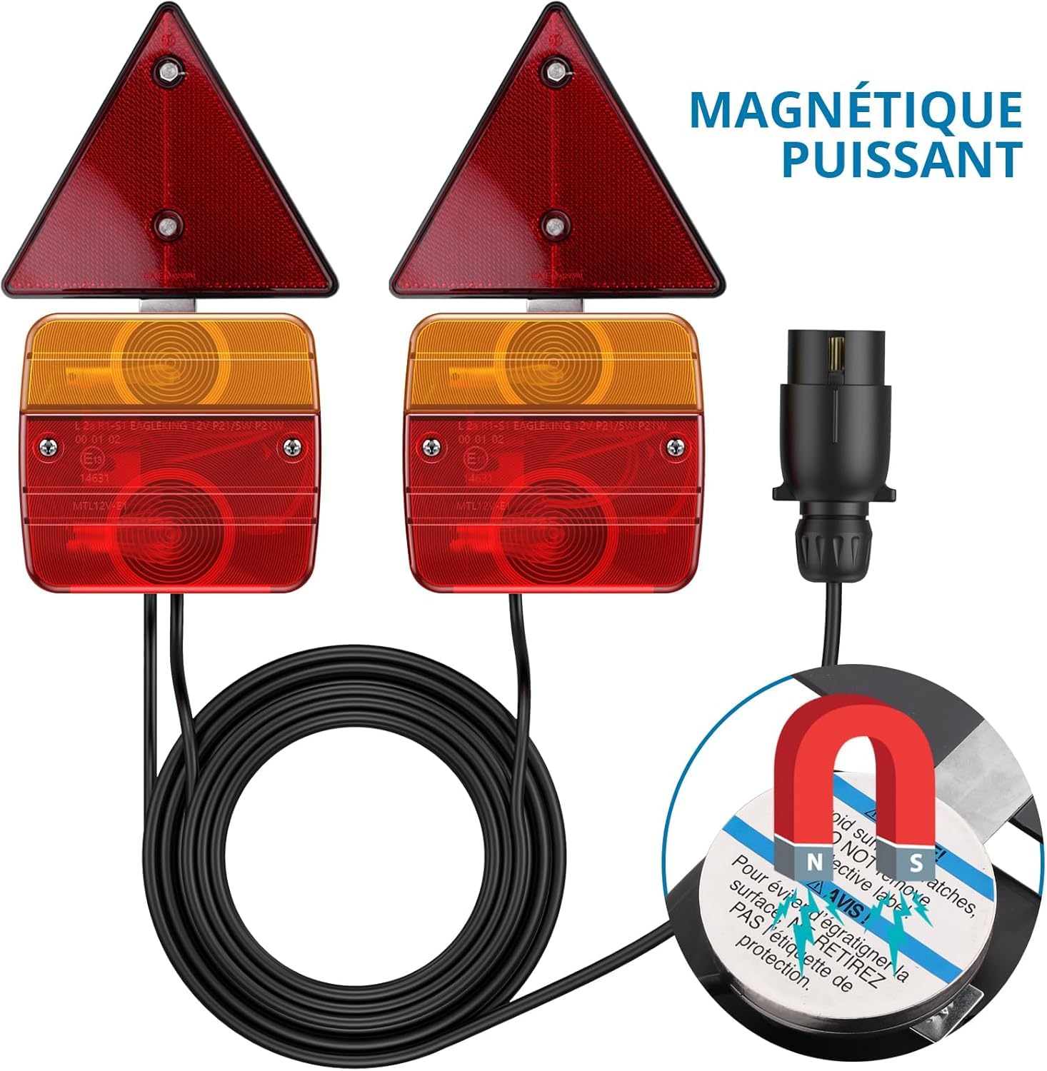 AUTOUTLET Feux arrière de remorque avec catadioptre, 12 V, kit de feux arrière universels pour remorque, fiche 7 broches, câble de 7,5 m et certifié E11, étanche IP65, éclairage arrière de voiture