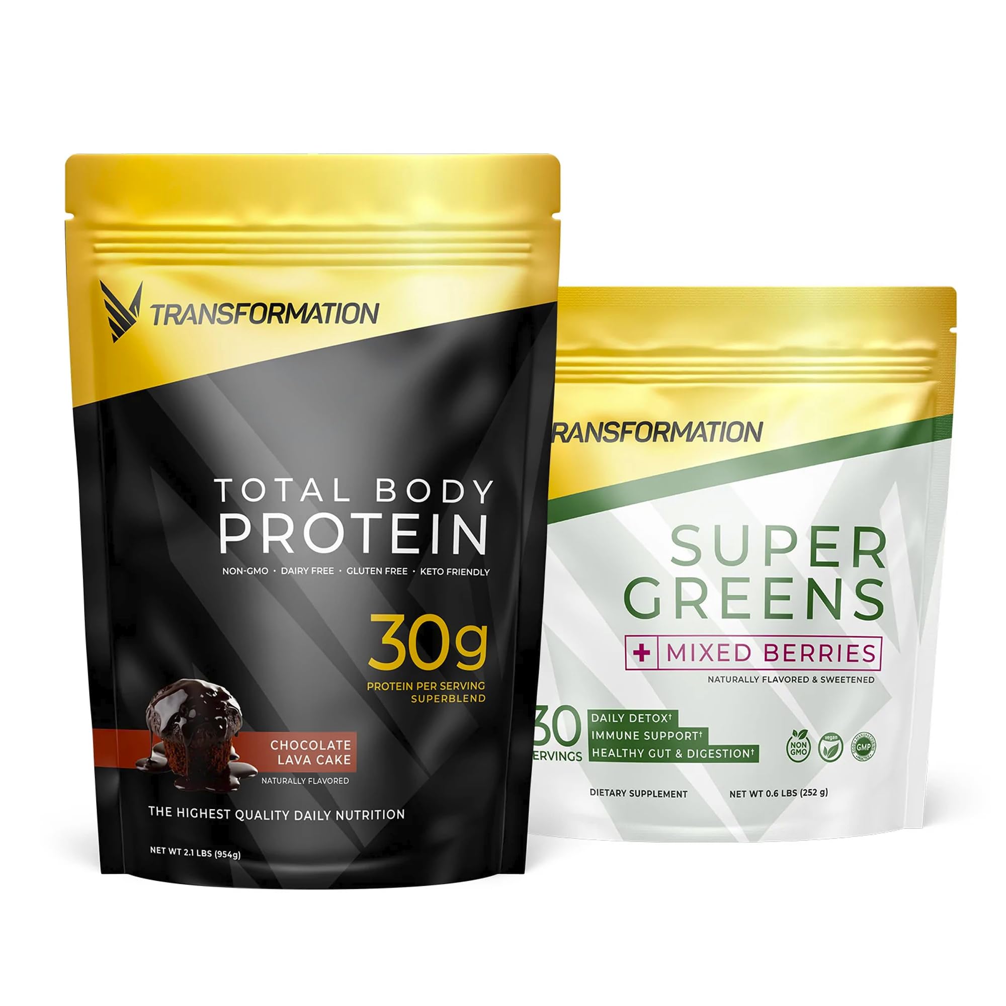 Paquete combinado de proteína en polvo premium Transformation Chocolate + Super Greens para fortalecer el sistema inmunitario: energía, salud intestinal, desintoxicación y apoyo dietético. 30 g de supermezcla multiproteica y 1 ración completa de vitaminas y vegetales.