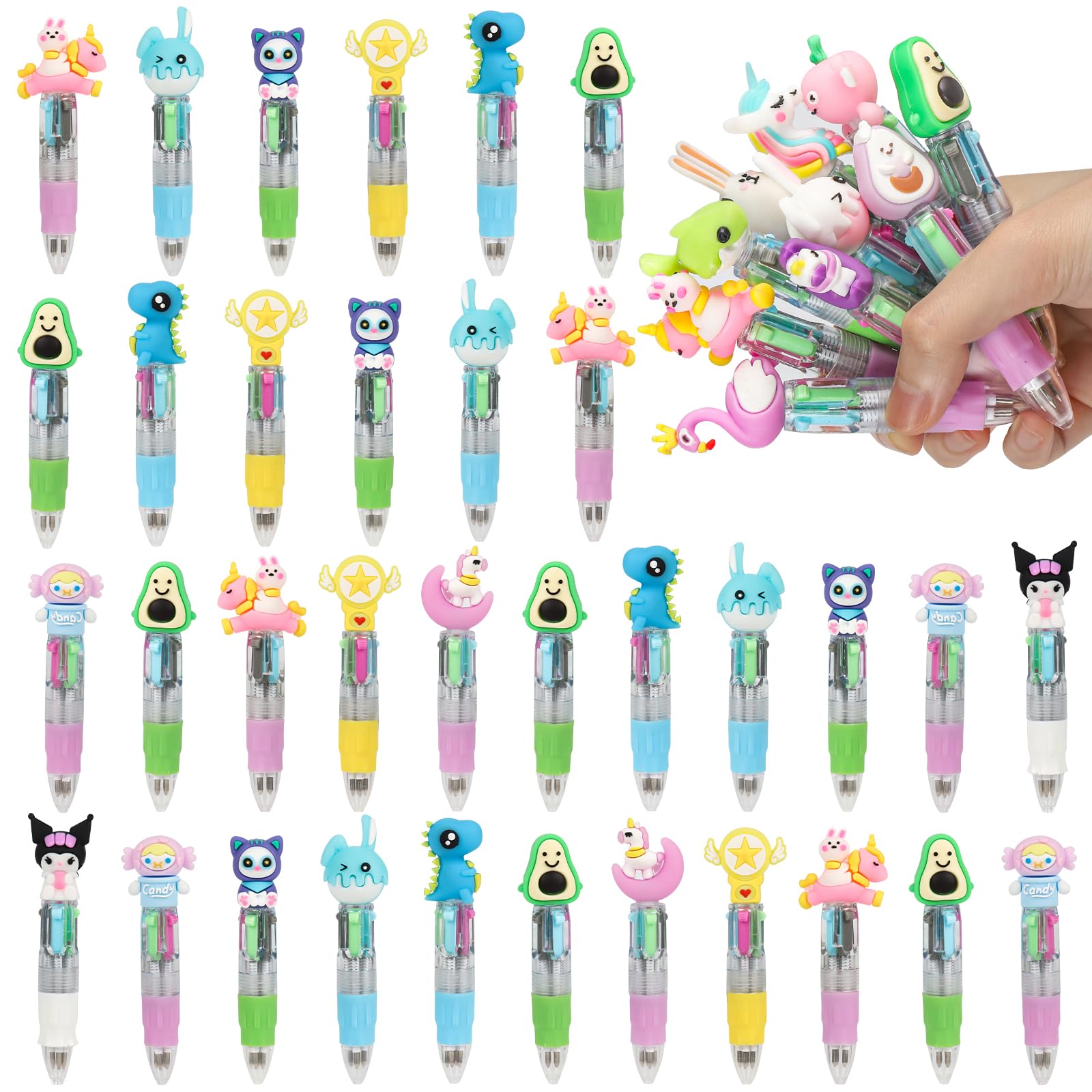 Euakee Boligrafo Multicolor, 34 Pcs Kawaii Boligrafos Bonitos, 4 en 1 Bolígrafo Animales, Regalos Cumpleaños Niños Colegio, Detalles Cumpleaños Niños