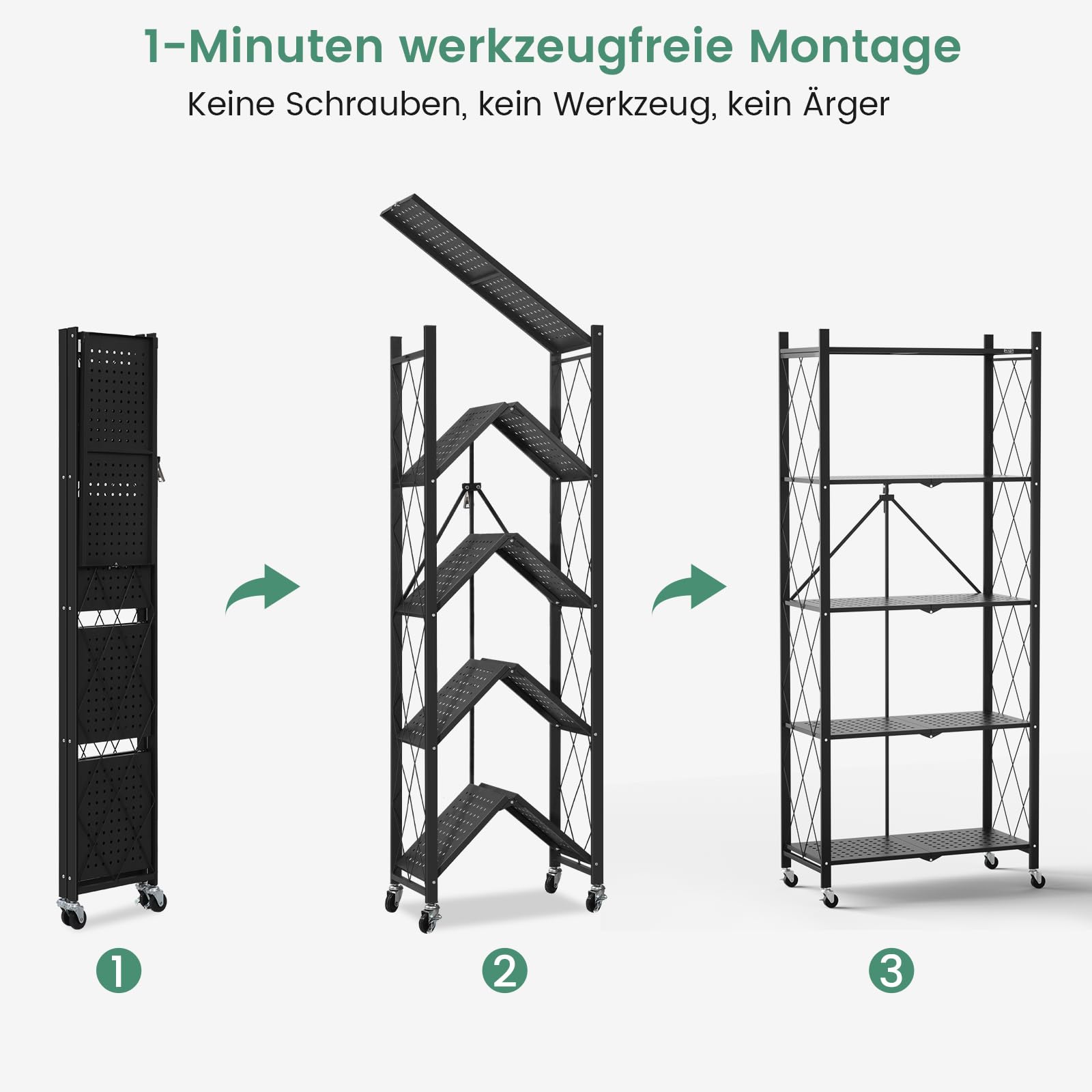 ALANNG Klappregal mit Rädern - Standregal mit 5 Ablagen, Bücherregal aus Metall - Montagefrei & Stabil - Für Küche, Wohnzimmer, Keller, Büro - Schwarz