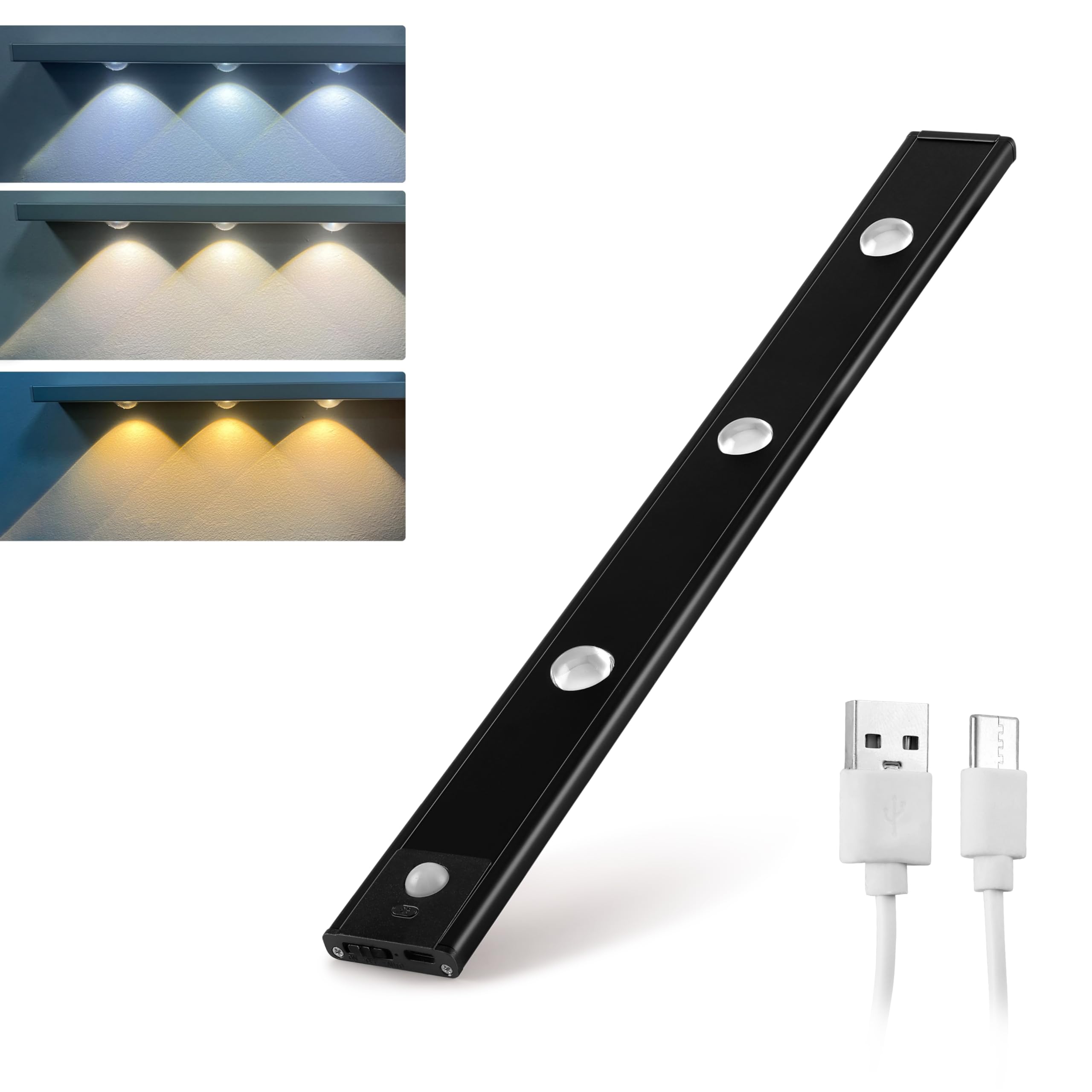 Gesto Rechargeable Motion Sensor Led Light for Wardrobe – 3 Color Modes Magnetic Closet Light with Stepless Dimming for Under Counter| Under Cabinet,Kitchen, Cupboard (Black,40 Cm)