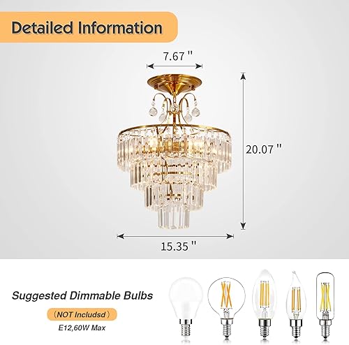 Miniatura 4 de CVKASH Lámpara de araña de cristal dorado de 5 luces, accesorio moderno de montaje semi empotrado en techo con iluminación de techo E12 para