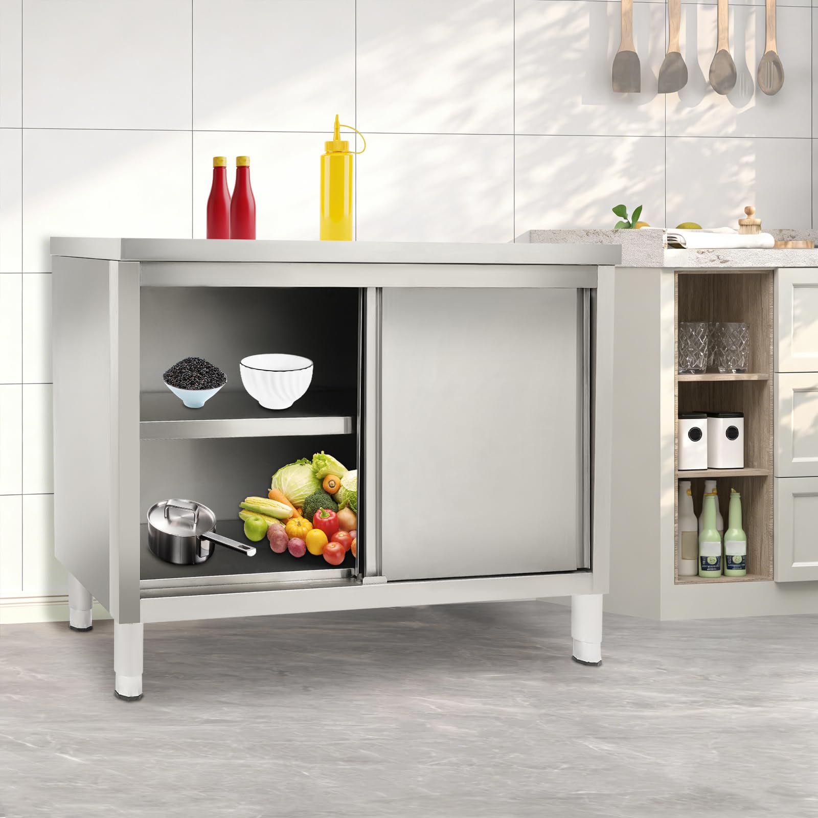 Armadio in acciaio inox con ante scorrevoli, per ristorante, hotel, mense, garage e cucina, 120 x 50 x 86 cm