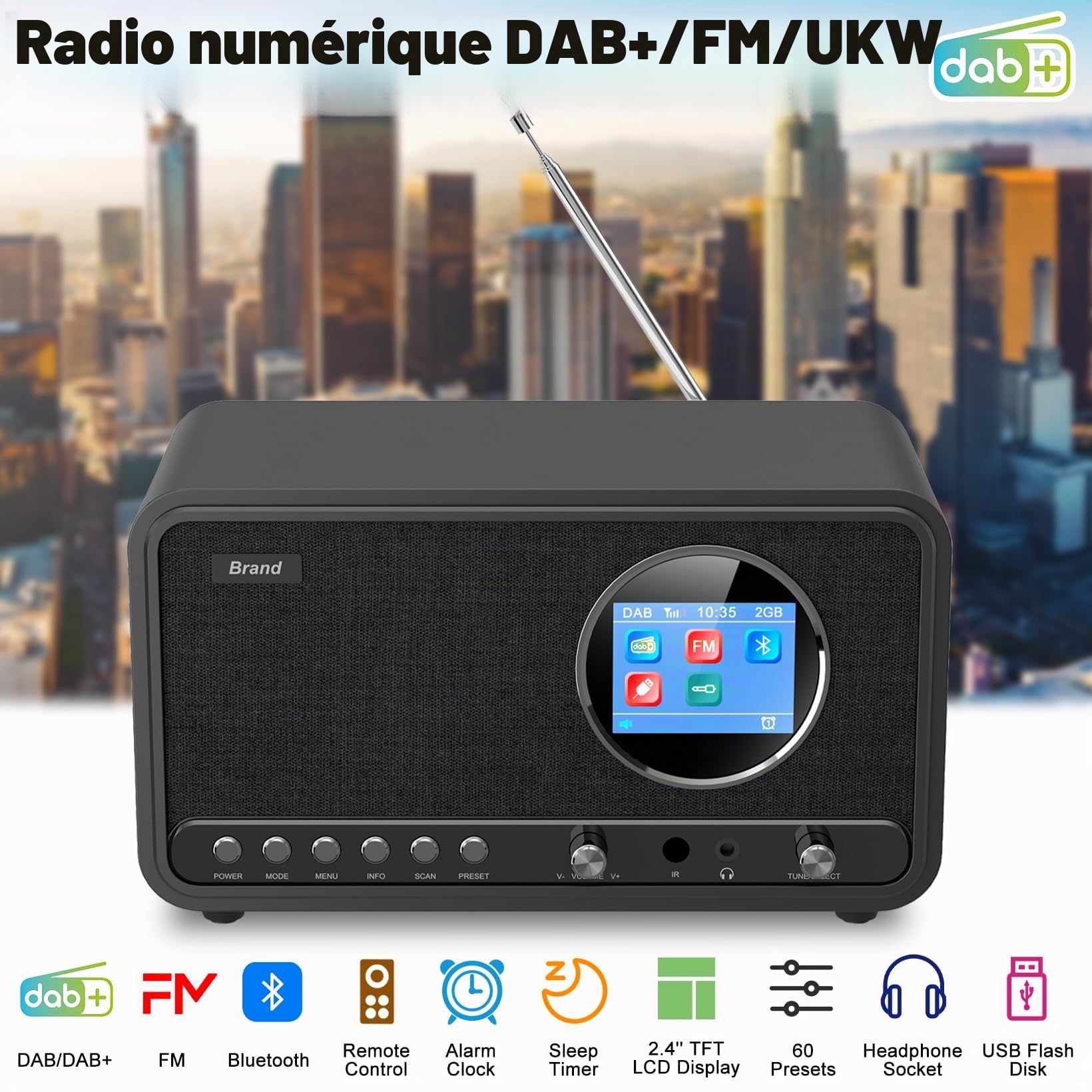 Wholede Radio DAB+/FM avec Bluetooth, radio numérique DAB Plus, radio de cuisine, radio-réveil, avec minuterie de mise en veille, alarme Snooze, USB/Aux-In, noir