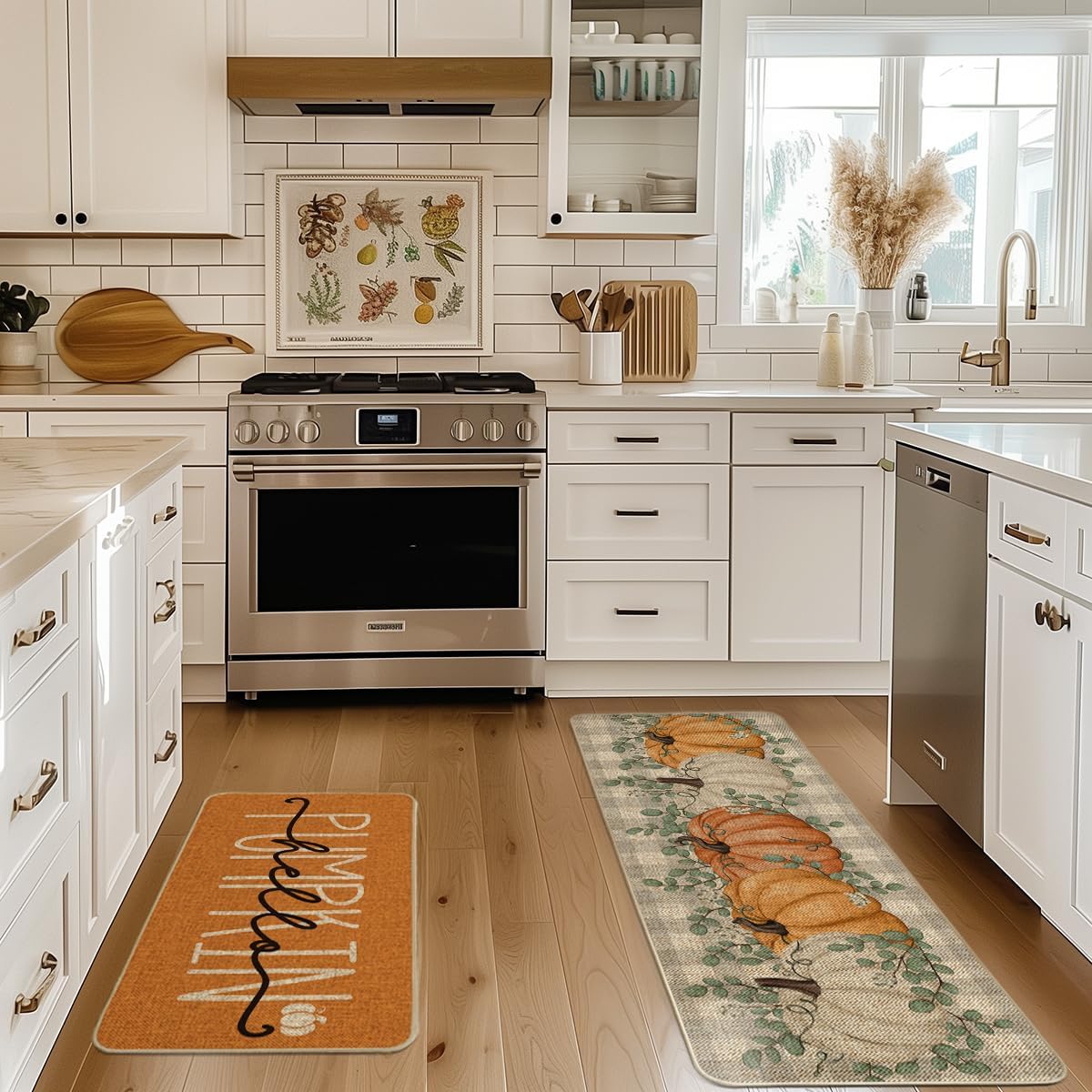 Artoid Mode Orange Pumpkins Kitchen Mats 2 pcs and Placemats Set of 4 for Kitchen Decoration