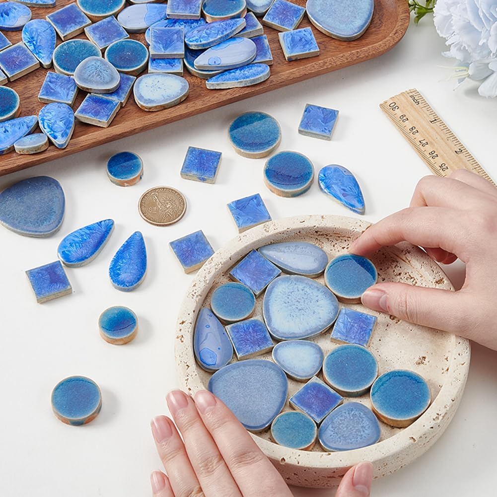 500G 4 Styles Blue Round Mosaic Tiles Ceramic Mosaic Pieces Small Porcelain Teardrop Square Mixed Shape Opaque Smooth Flatback Mini Cabochons for Home Garden Bathroom Wall Art Craft DIY Decor