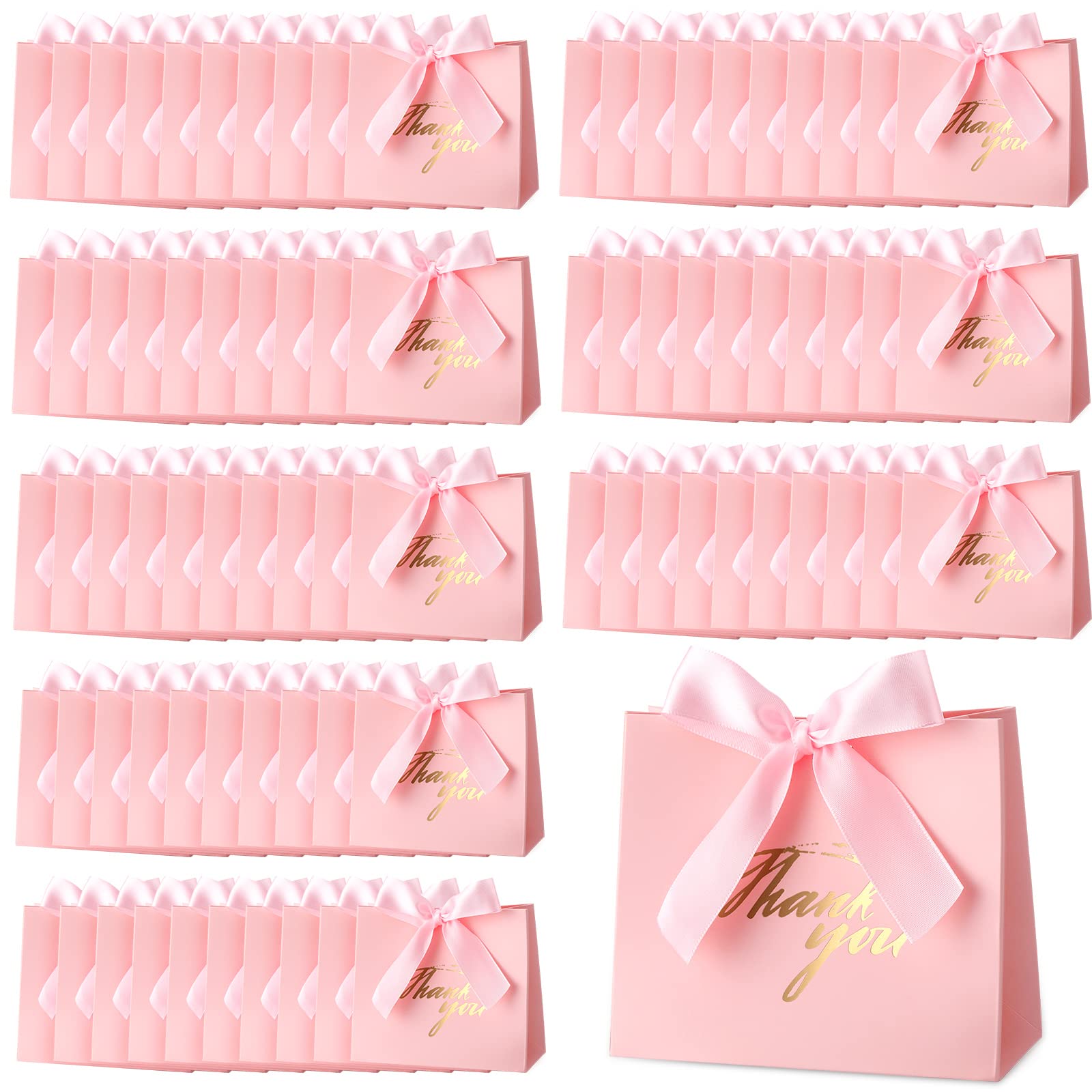 Lincia 80 Pcs Valentine's Day Pink Small Thank You Gift Bag Paper Party Favor Bags Wedding Favor Bags with Ribbon Bow Candy Bags for Birthday Baby Shower Party Supplies, 5.5 x 2.4 x 4.7 Inch