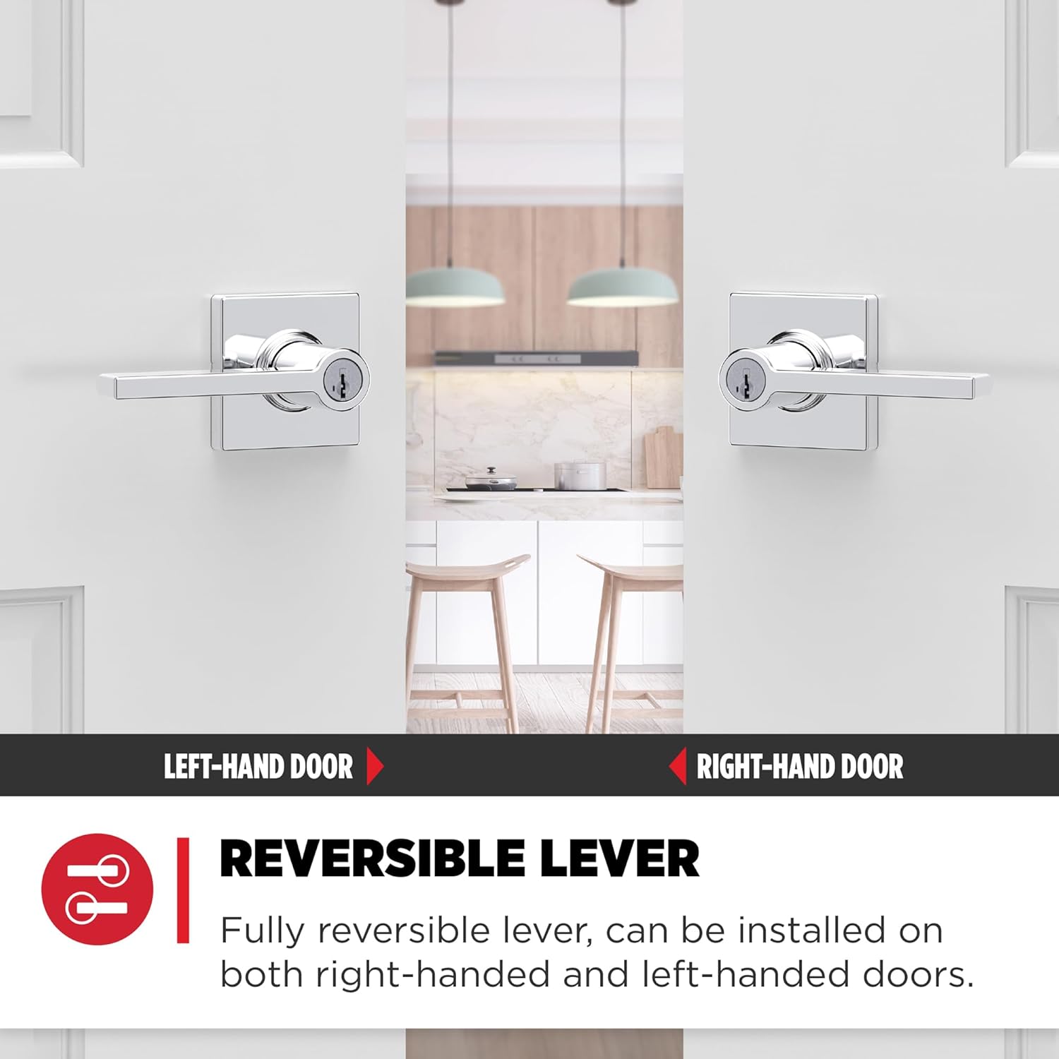 Image showing the Kwikset Casey lever installed on both a left-hand and right-hand door, demonstrating its reversible design.