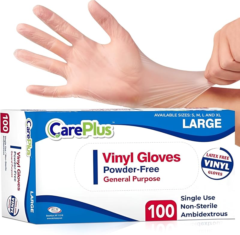 CARE PLUS Vinyl Gloves Clear Large, Disposable Latex Free, 100 Count | Powder free exam grade protection for food service, salons & housekeeping; ambidextrous, tear resistant, comfortable fit