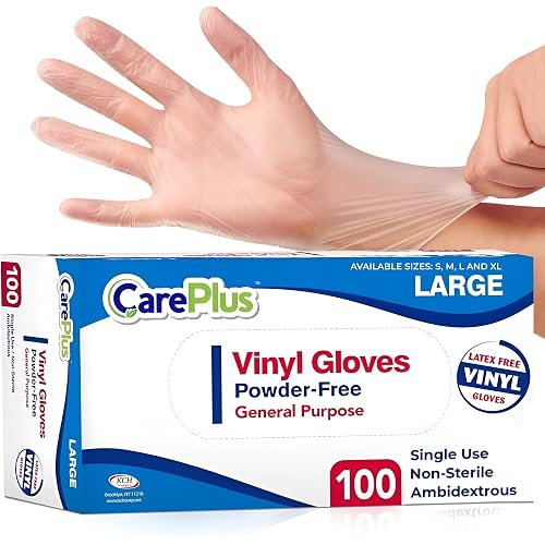 CARE PLUS Vinyl Gloves Clear Large, Disposable Latex Free, 100 Count
