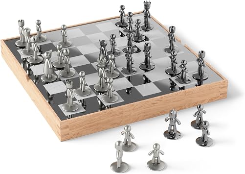 Umbra Buddy Chess Set for Kids & Adults Modern Original Chessboard Game Made of Metal with Nickel & Titanium Finish Measures 13 x 13 by 1 12 Inch (33 x 33 x 3.8 cm) - Velvet Bottom for Easy Moving
