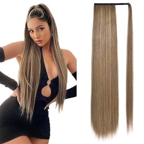 SEIKEA Extensión de cola de caballo larga recta envolvente con clip, extensiones de cabello sintético suave natural para mujer, 35 pulgadas, rubio