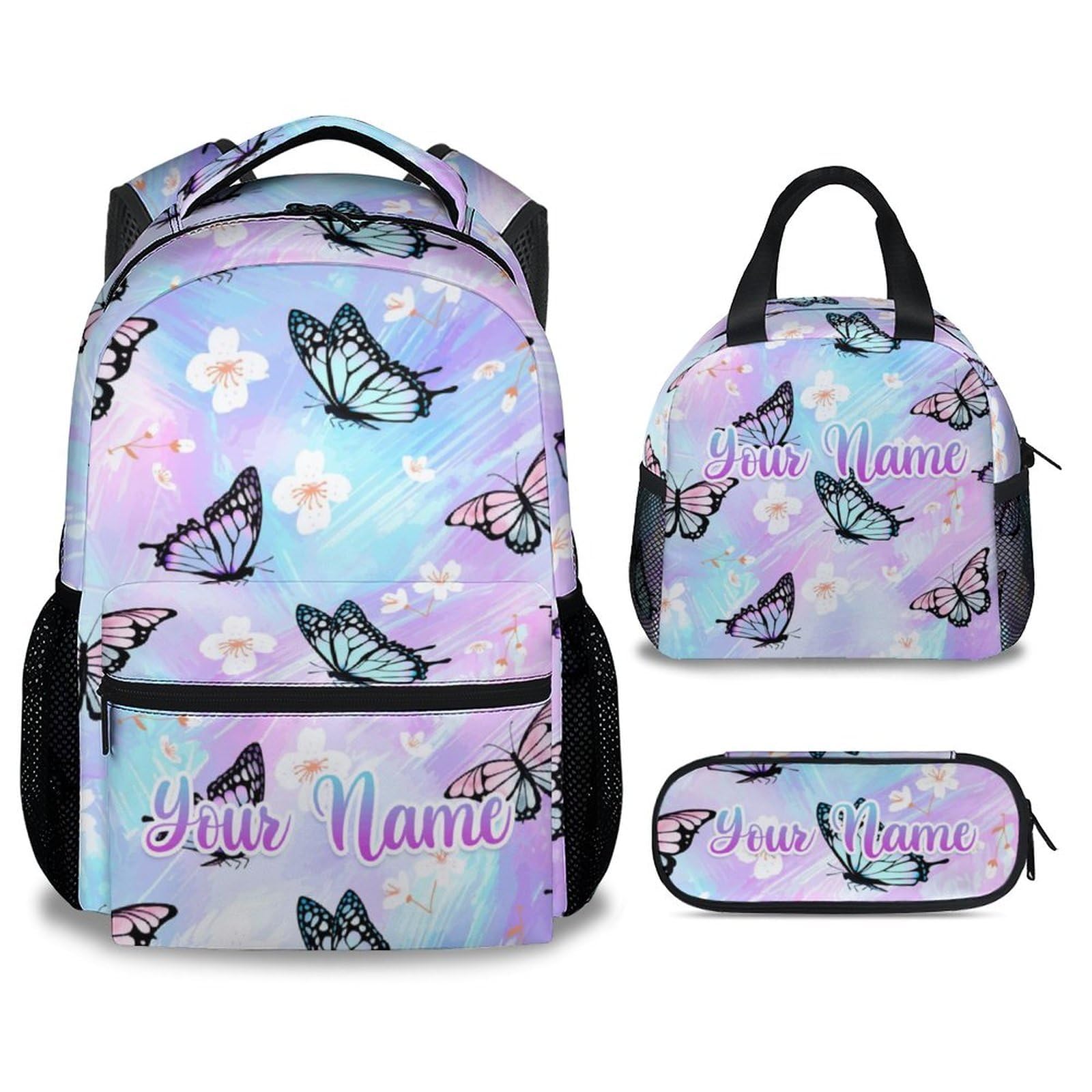 Personalized Youth Butterfly Backpack with Lunch Box - Set of 3 Customized School Backpacks Matching Combo - Pretty Colorful Bookbag and Pencil Case