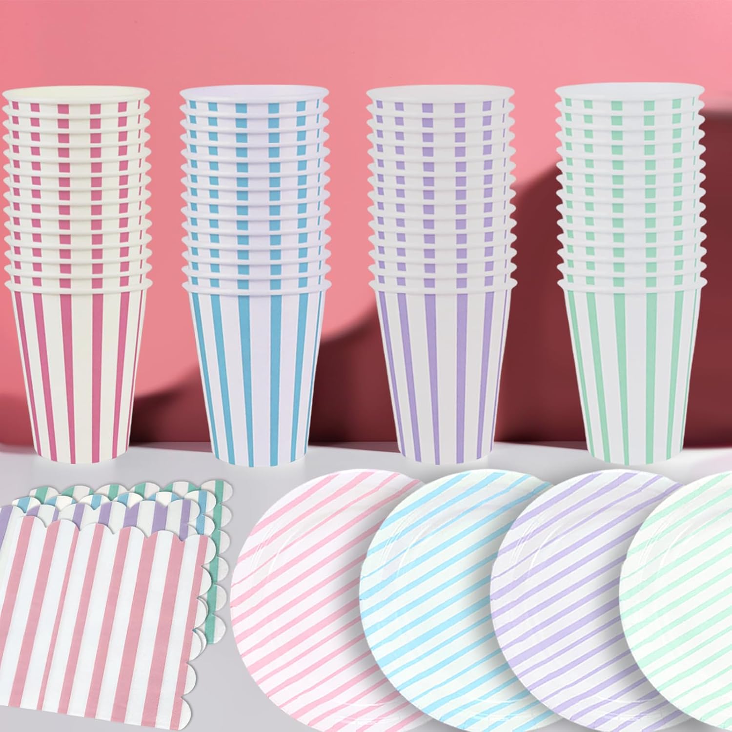 160 Pcs Stripe Pastel Party Supplies, Disposable Dinnerware Set, Including 48 Paper Plate 56 Cup 56 Napkin Macaron Dinnerware Set for Birthdays, Baby Shower, Wedding, Festivals - Image 5