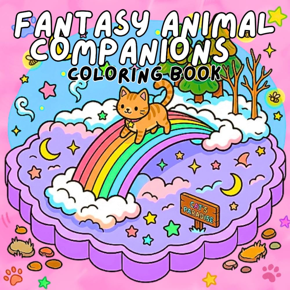Fantasy Animal Companions Coloring Book,: Bold & Easy Gentle Fantasy Creatures in Dreamy Worlds | Cute Foxes, Cats, Rabbits & More for Relaxation and Stress Relief