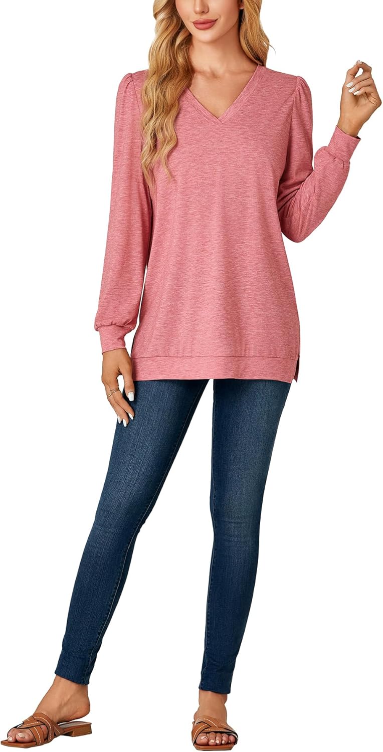 Vrtige Women's Casual V Neck Long Sleeve Side Split Fall Blouse Shirt Tunic Top - Image 6