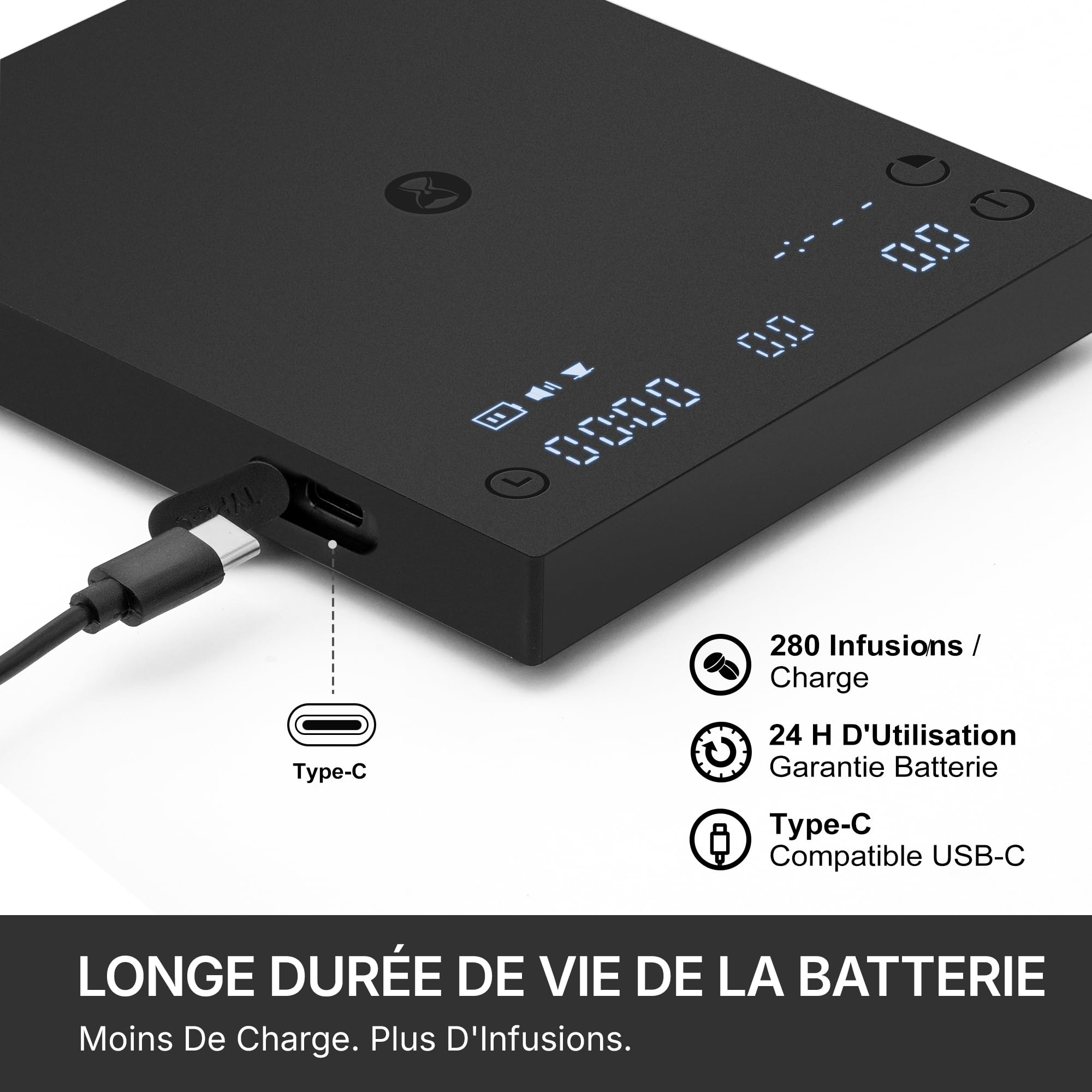 TIMEMORE Black Mirror Basic 3 Balance à café Pour-Over & Espresso, Minuterie, Haute précision 0,1g jusqu'à 2kg, 3 modes & fonction débit et ratio café/eau, Batterie 1600mAh, USB-C, Noir