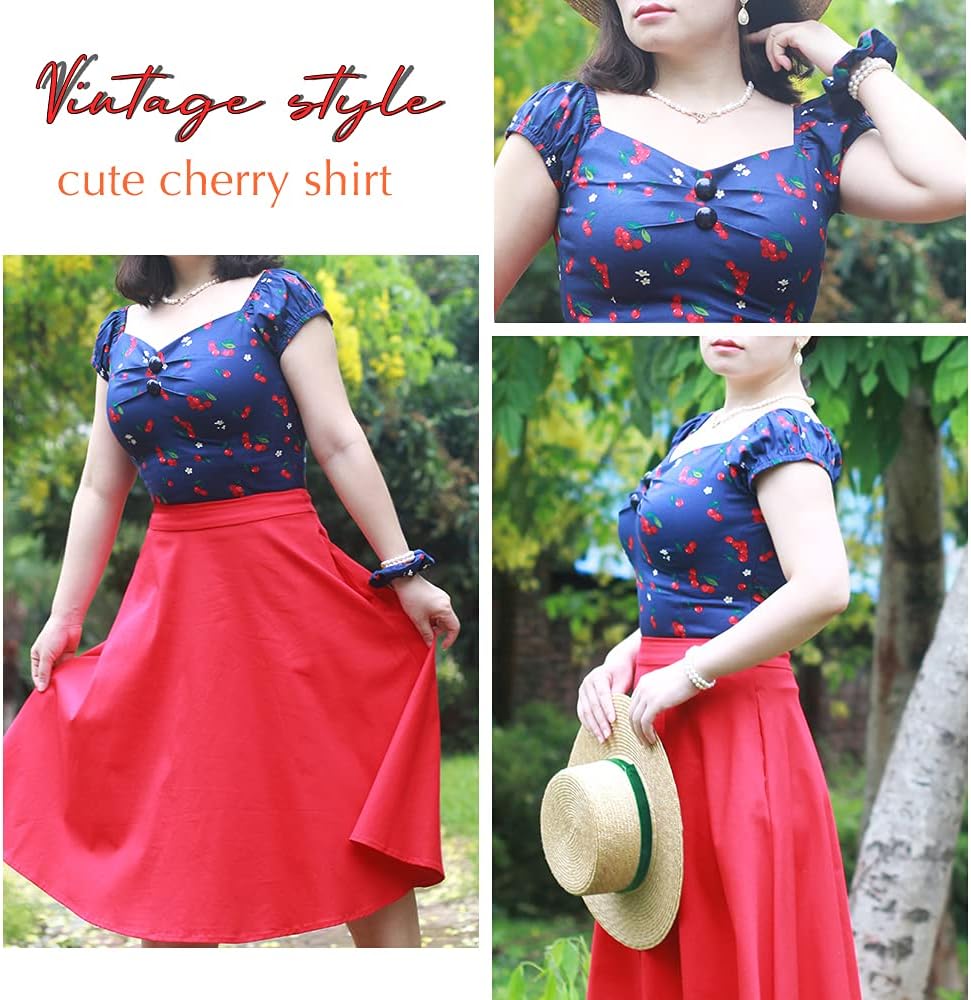 YARN & INK Women's Rockabilly Tops 1950s Pinup Shirt Casual Off Shoulder Vintage Blouse - Image 2