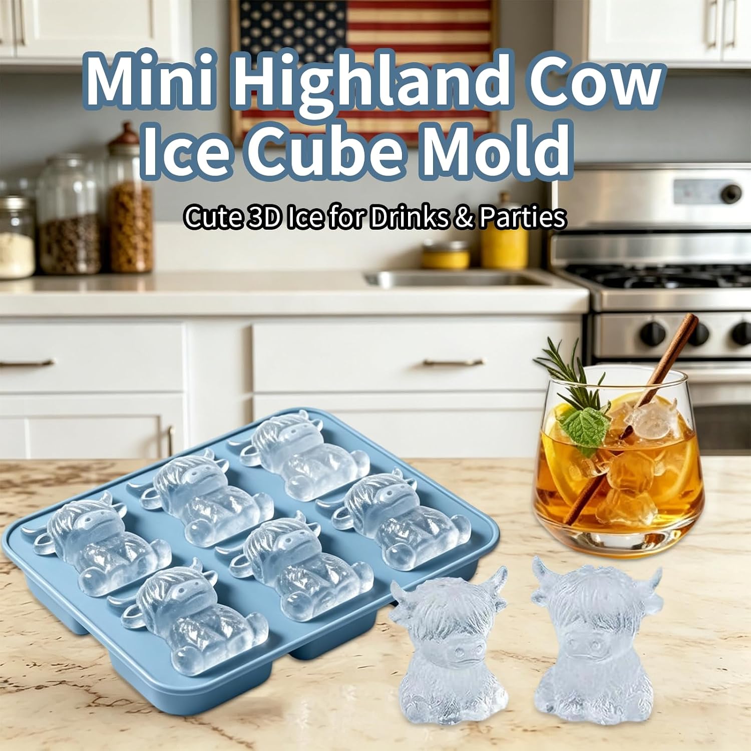 2 PCS Mini Highland Cow Ice Cube Tray, 3D Cute Cattle Silicone Ice Cube Mold for Whiskey Cocktails Beer Coffee and Drinks Party, Reusable Animal Dessert Mold, Gifts for Friends and Cow Lovers image 2