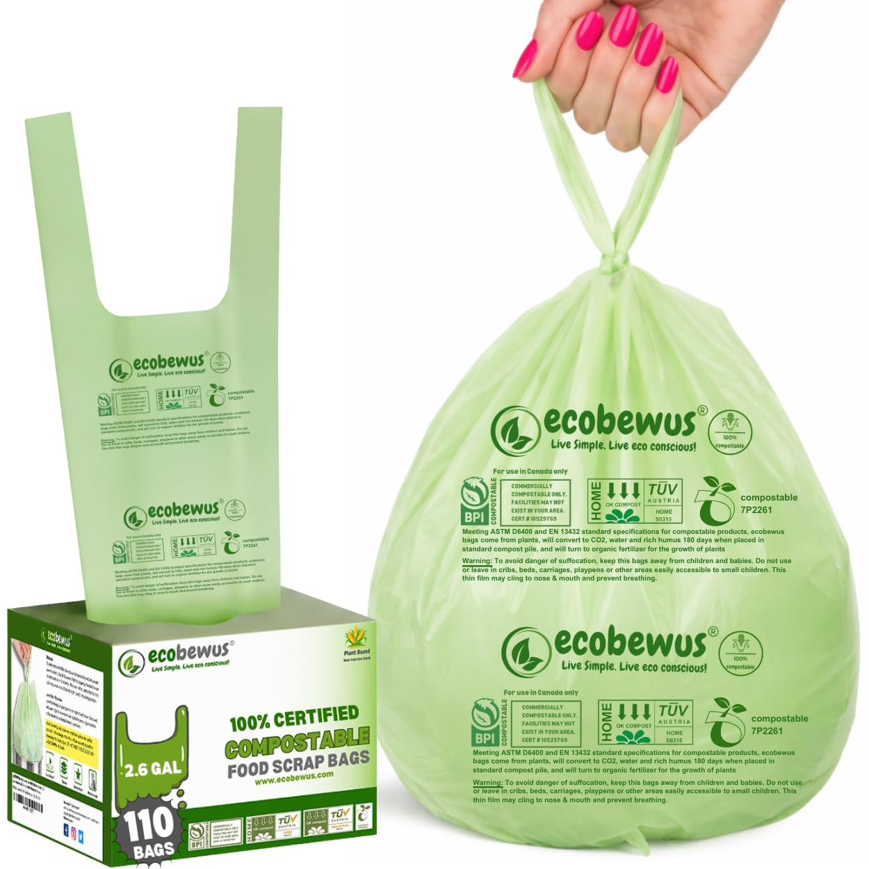 2.6 Gallon 100% Compostable Bags Handle Tie (110 Bags) Small Disposable Compost Trash Bags Food Scrap Garbage Bags US BPI Certified TUV OK Compost Home Certified Meeting ASTM D6400 (110 ct.)