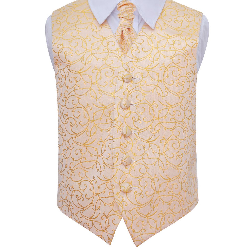 Dqt Boys Gold ’ Swirl Floral Jacquard Wedding Waistcoat & Cravat Set For Page And Formal Suit - 11-12 Years 32"