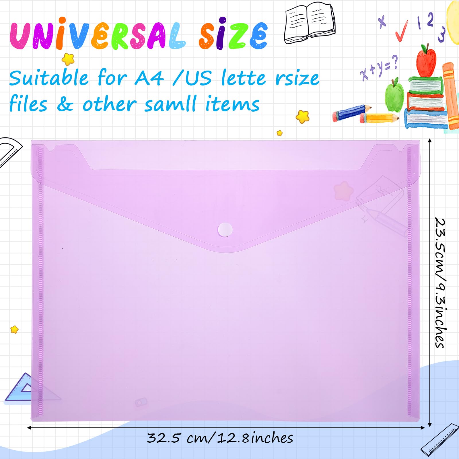 MotiMind 100 buste trasparenti con chiusura a bottone a pressione, formato A4, in plastica trasparente, organizer per documenti, per ufficio e casa (viola)