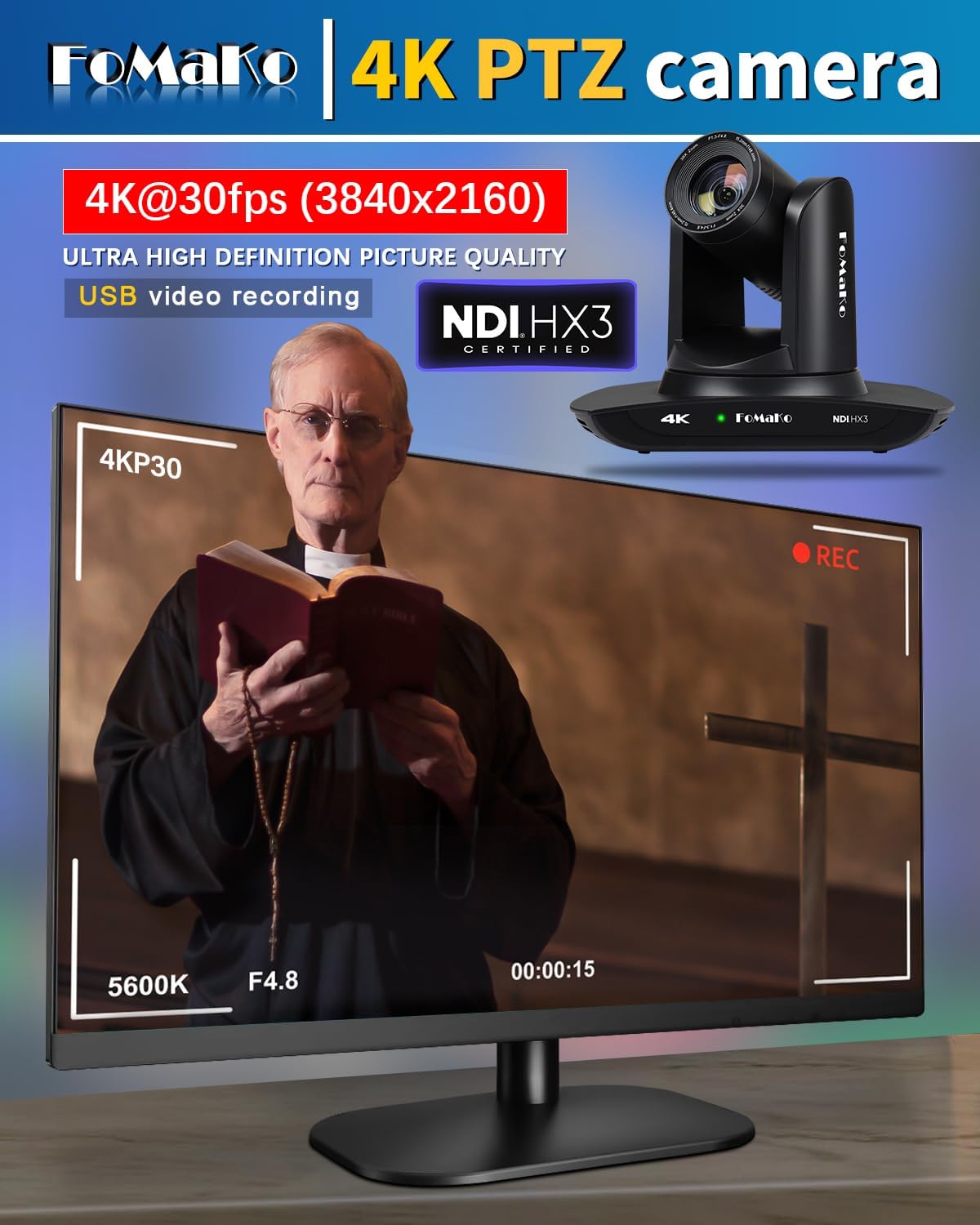 FoMaKo K30NS 4K 30x Optical Zoom PTZ Camera with NDI 6 & NDI HX3, AI Auto-Tracking Gen 3, 3G-SDI/LAN/USB3.0/HDMI – Professional Live Streaming Camera for Church, Worship, Education & Conference