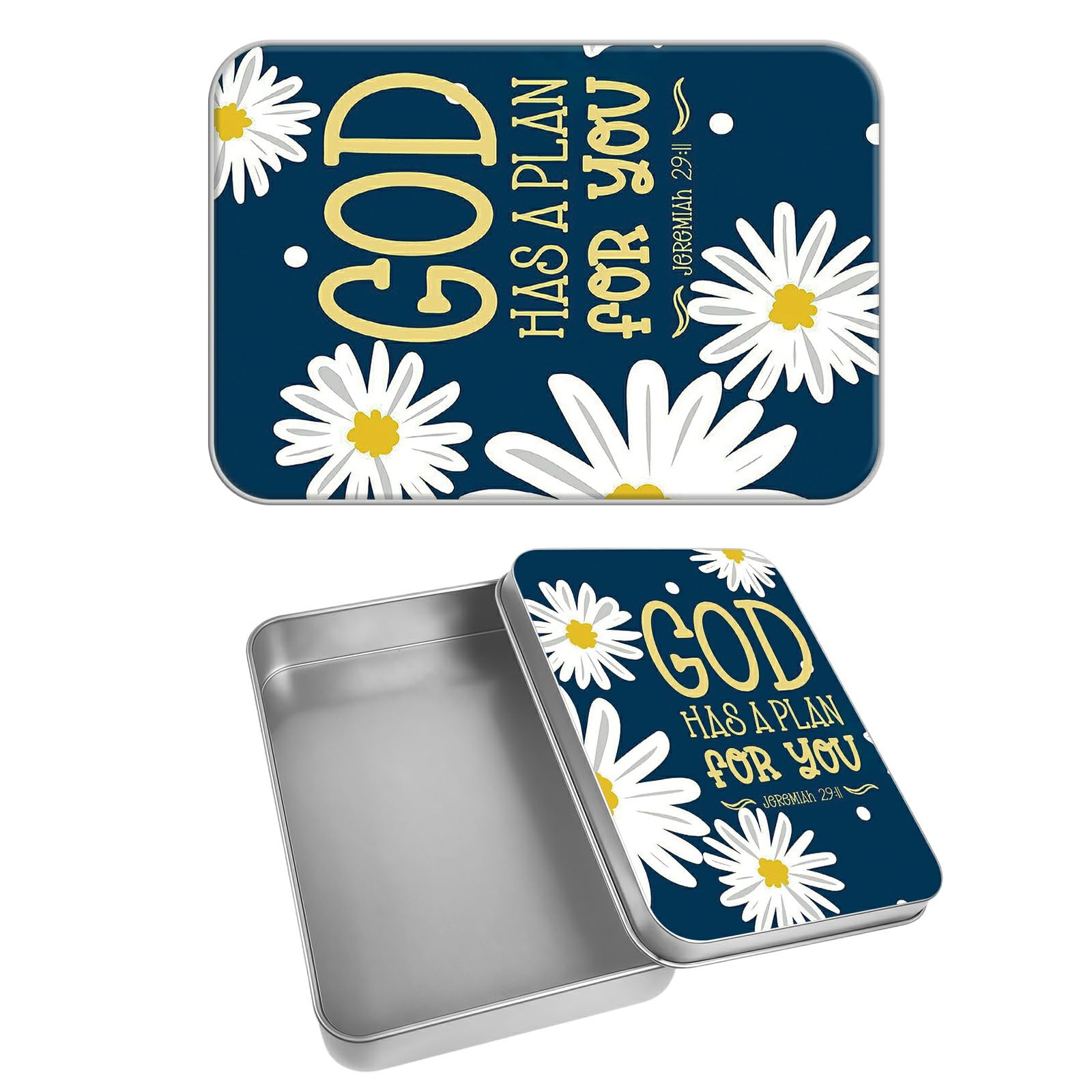 Rectangular Metal Tin Box with Removable Lid, Bible Jeremiah 29:11 Daisy Decorative Printed Metal Storage Container for Cash Ticket Credit Card Check 3.46 x 2.36 x 0.7 inch– Single Pack