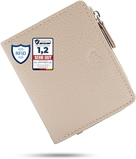 Baur Damen Geldbörse klein – Echtes Leder mit RFID-Schutz – Kleines Portemonnaie mit 7 Kartenfächern – Druckknopfverschluss und Münzfach mit Reißverschluss (Silber Reißverschluss, Taupe)