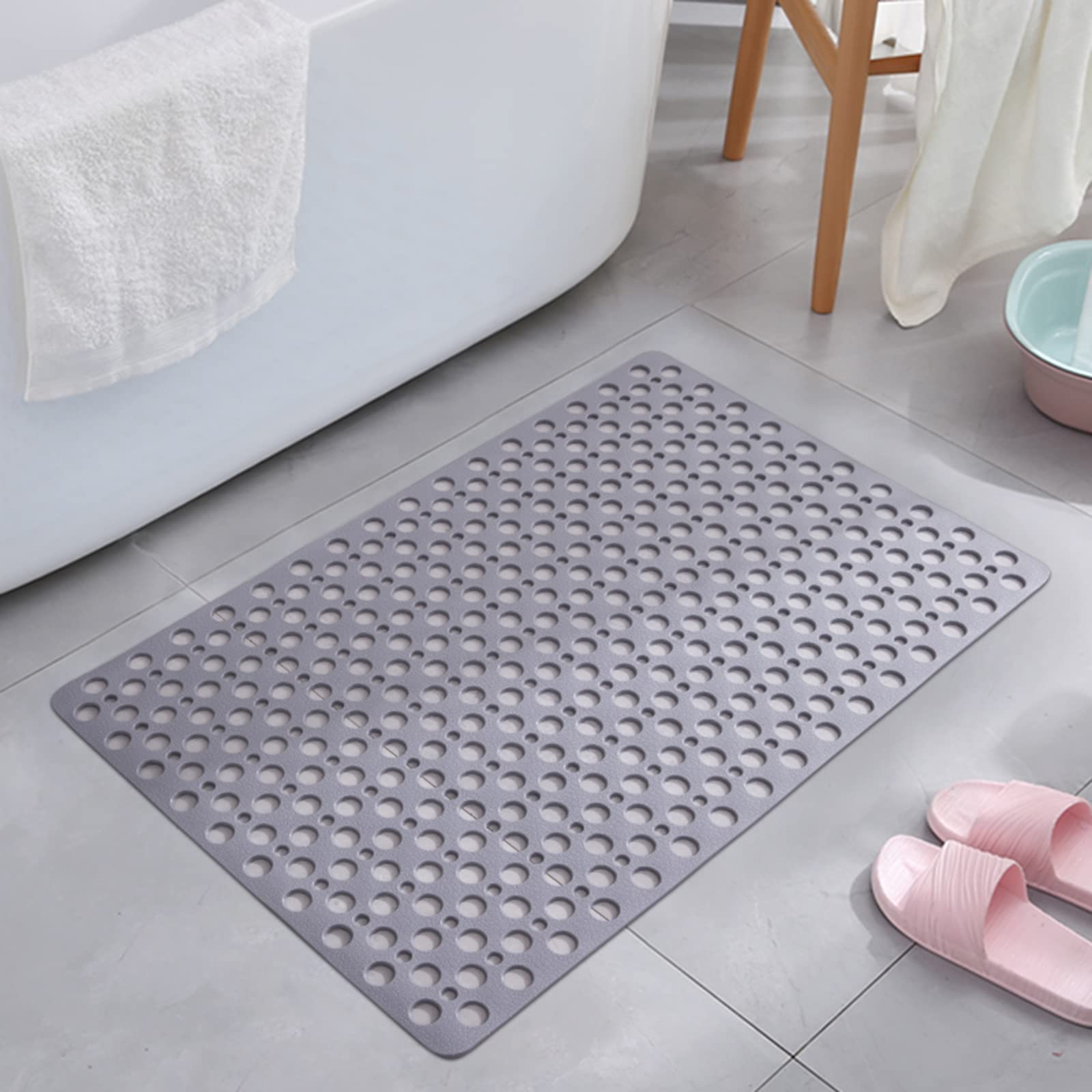 Alfombrilla de Ducha Antideslizante Gris Alfombrilla de Baño Antibacteriana Antimoho Alfombrilla PVC con Orificios de Drenaje y Ventosas Alfombrillas de Seguridad, 5 Tamaños (60×90cm)
